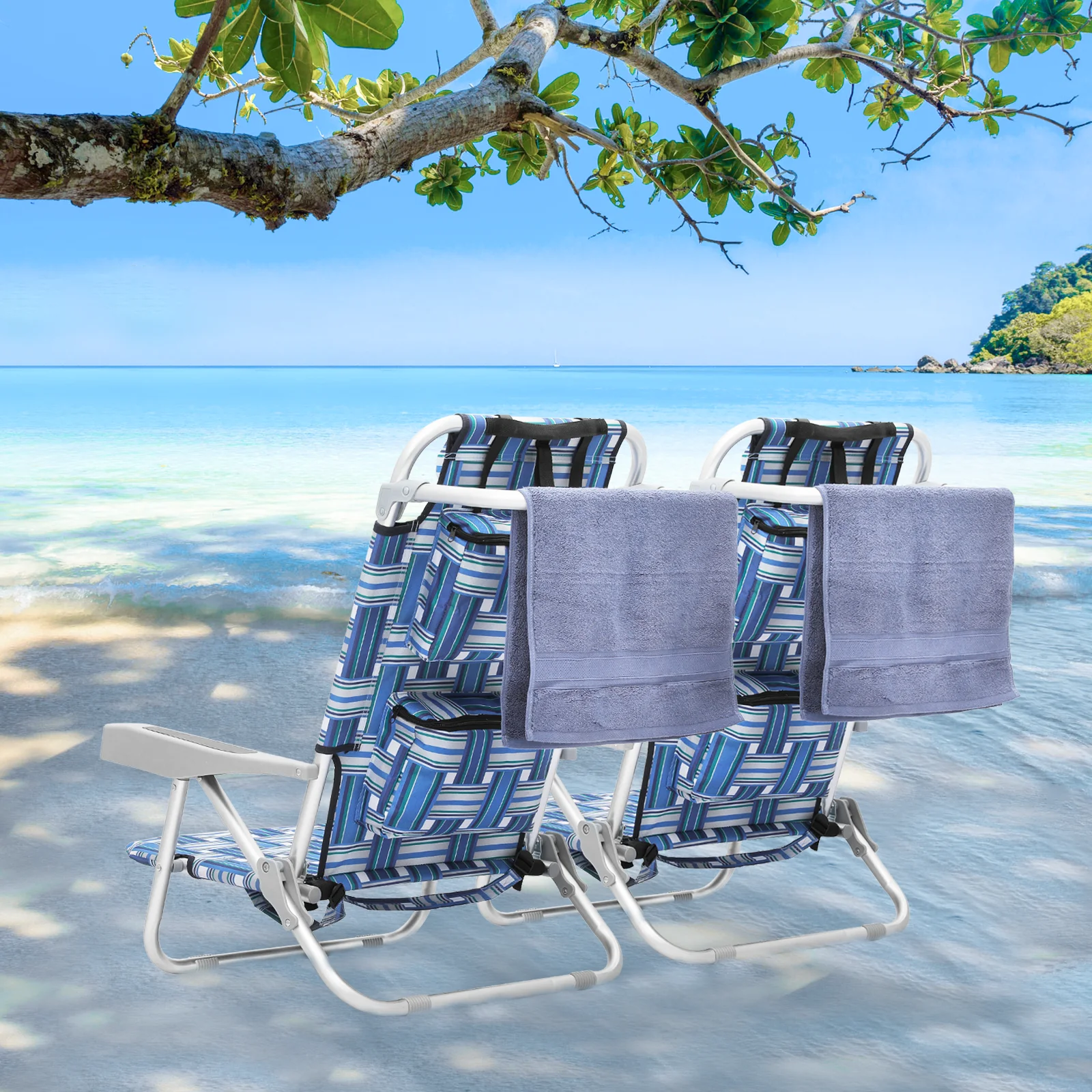 Magshion Folding Beach Chairs Set of 2 with Side Pocket, Portable Camping Seats with Cooling Pocket, for Outdoor Patio Lawn, Blue Stripes