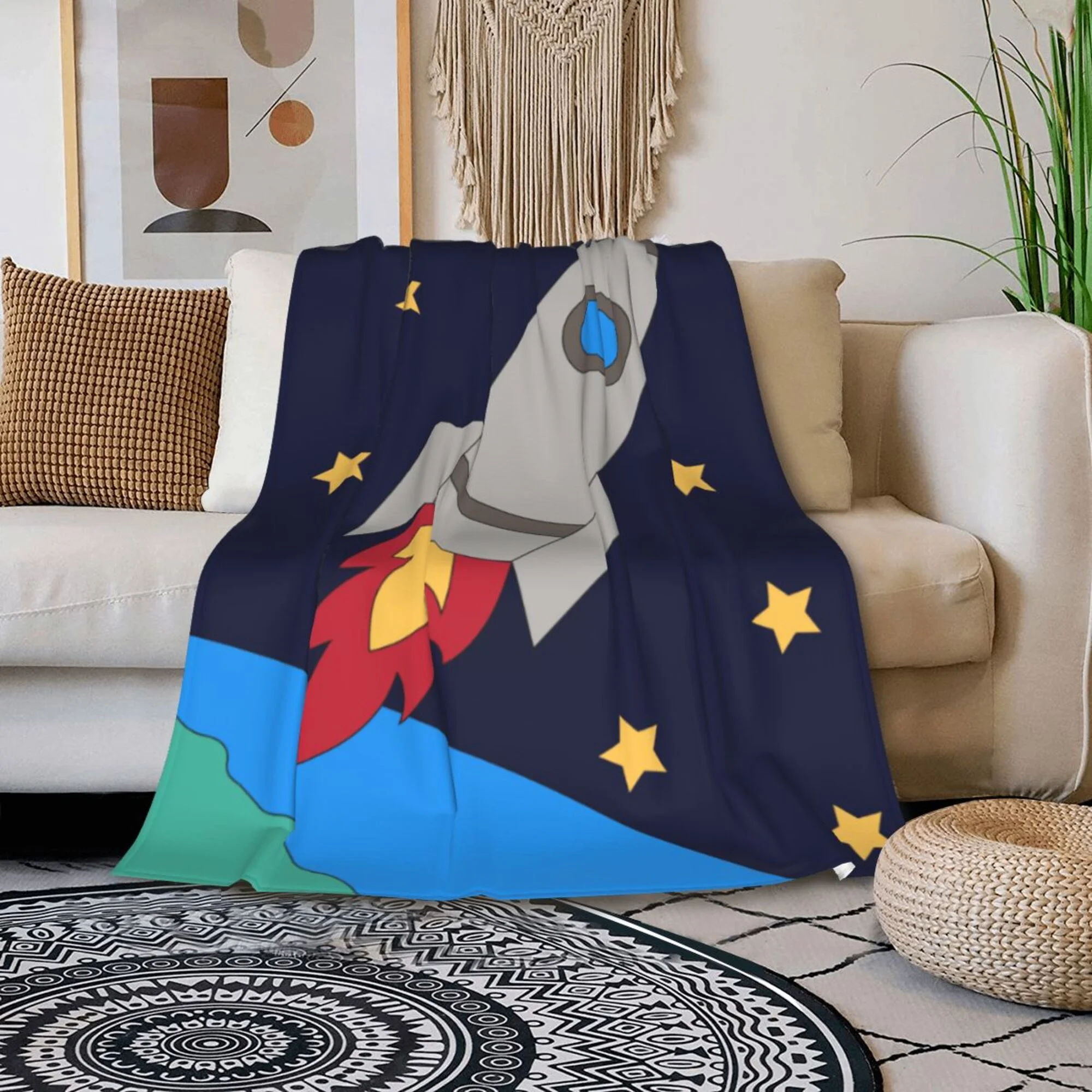 TEQUAN Double Layer Plush Bed Blanket, Space Spacecraft Rocket Pattern Cozy Soft Air Conditioner Throw Blankets, 50