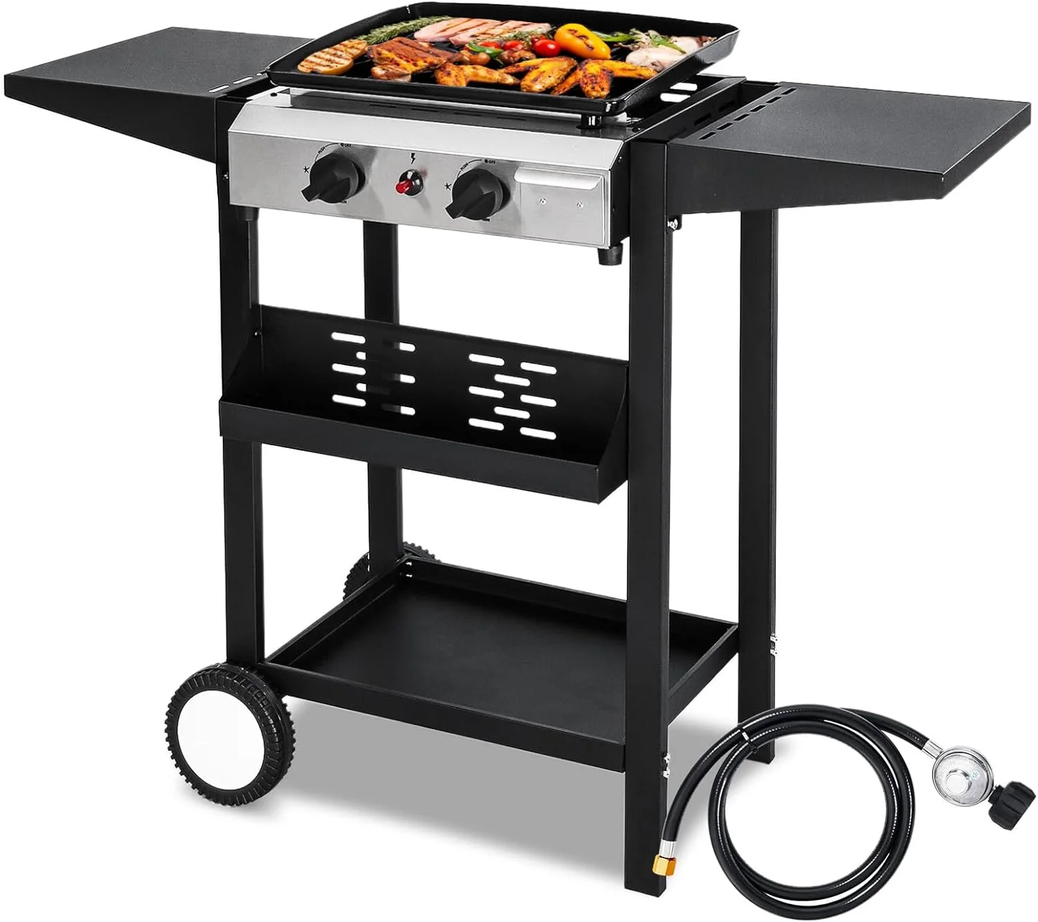 ROVSUN 4 Burner Portable Propane Griddle with Electronic Ignition, 20000 BTU Rolling Flat Top Gas Grill with Nonstick Enameled Tray, Side Shelf & Regulator for Outdoor Cooking Camping BBQ Tailgating