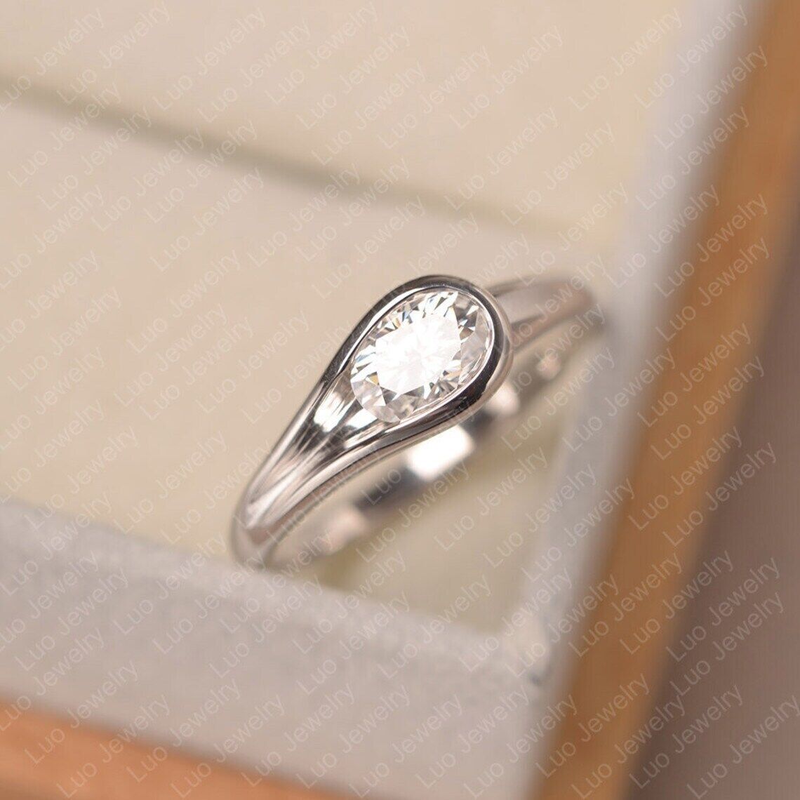 Moissanite White Gold Ring,Solitaire,Oval Cut Simulated Diamond Engagement Ring