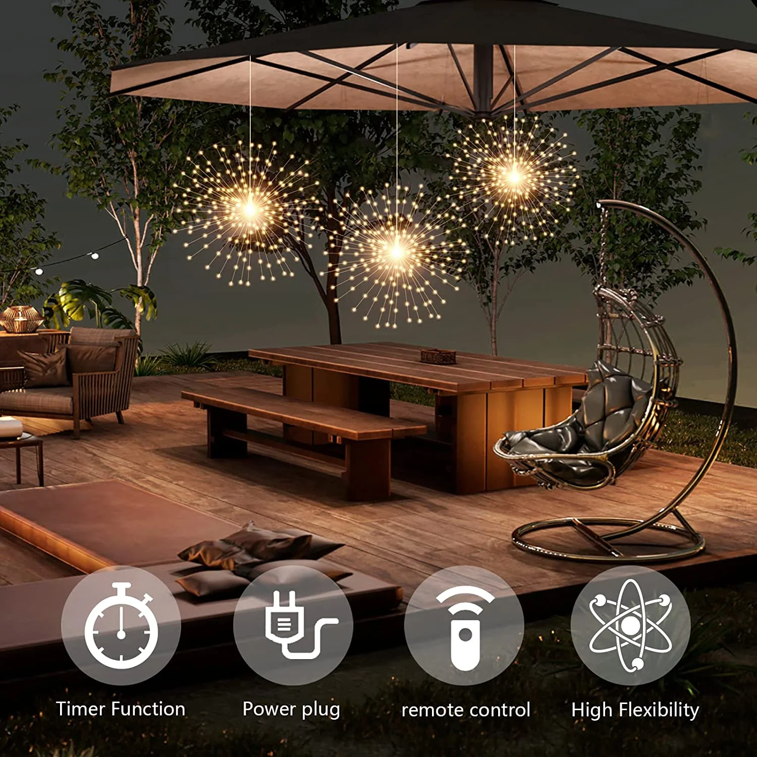 3 Pack 600 LED Plug-in Starburst Lights, Firework Lights 8 Modes Dimmable Remote Control Waterproof Hanging Fairy Light, Copper Wire Lights for Patio Party Tent Christmas (Warm White)