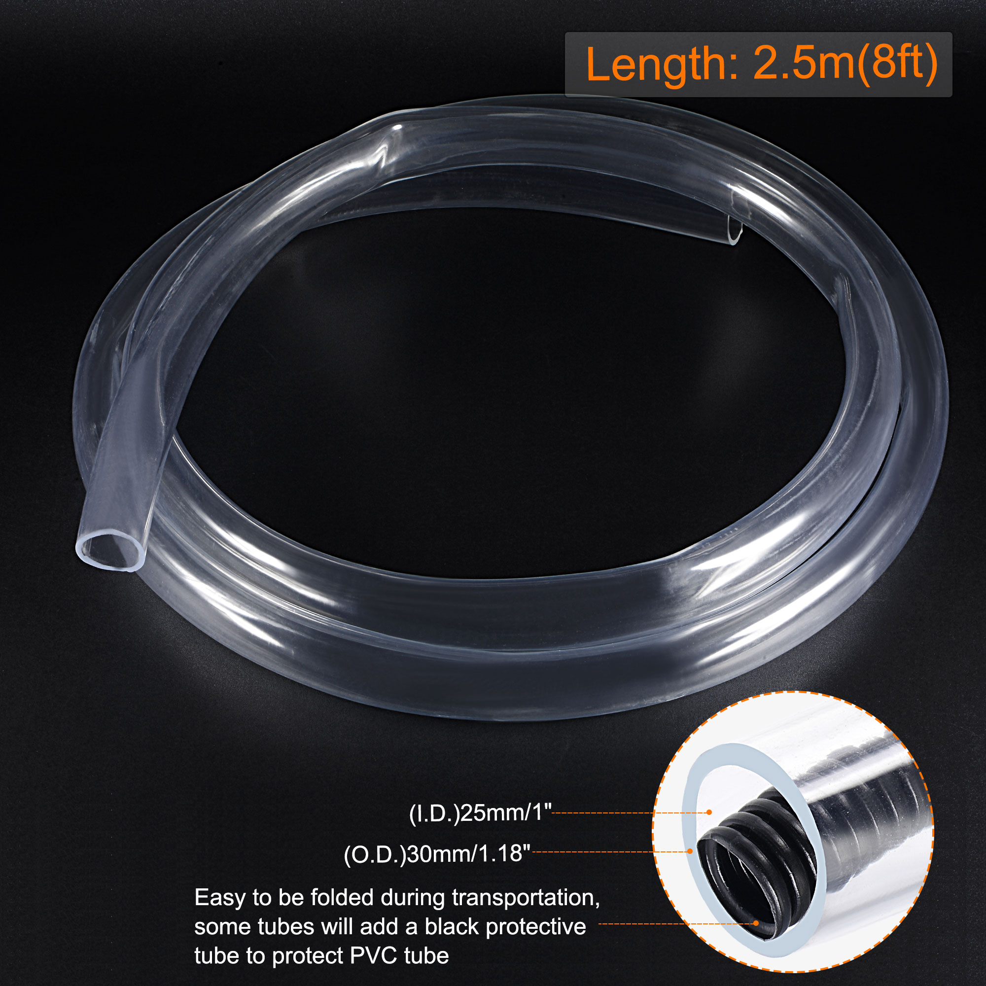 Uxcell 25mm ID 30mm OD 2.5m Clear Vinyl Tubing Flexible PVC Hose Plastic Tube