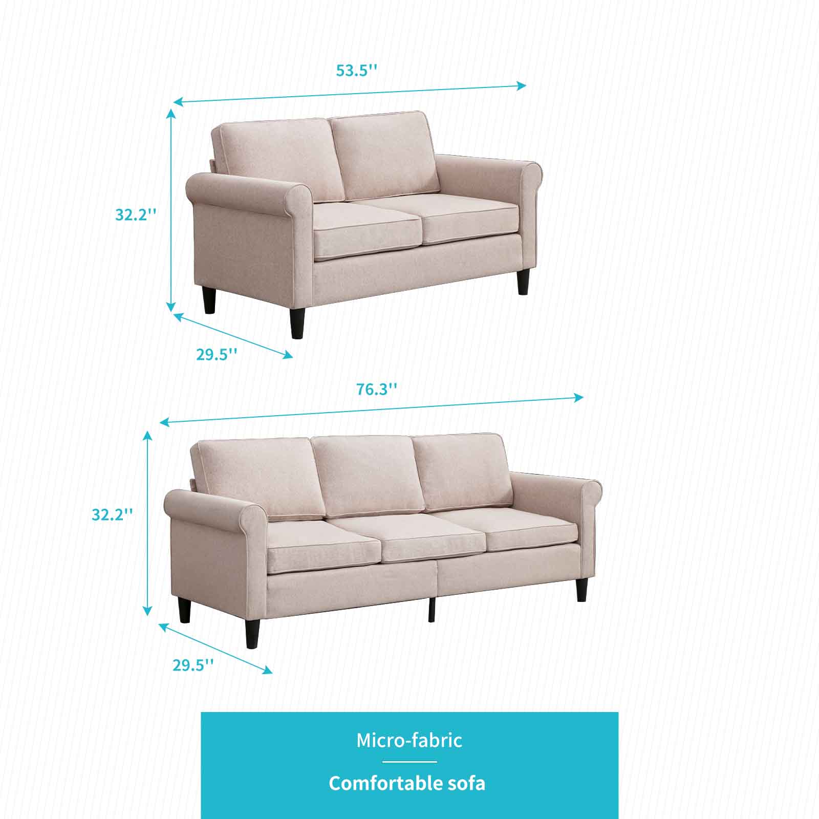 CECER Linen Upholstered 3-Seater Sofa, Modern Sleeper Sofa with 5.9