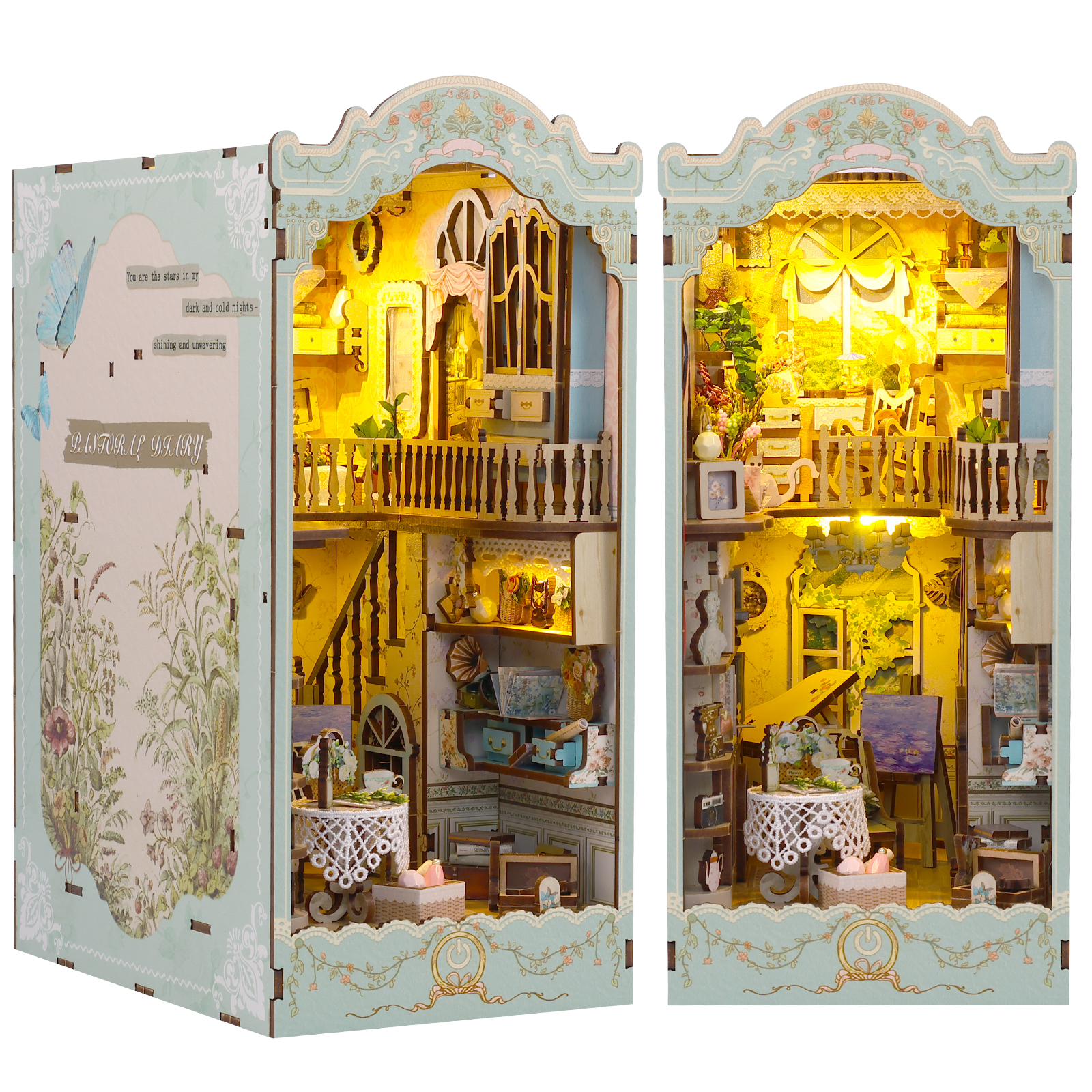 Morima DIY Book Nook Kit,3D Wooden Puzzle Bookshelf Insert Decor with LED Light,DIY Miniature Dollhouse Model Kit for Kids Adults