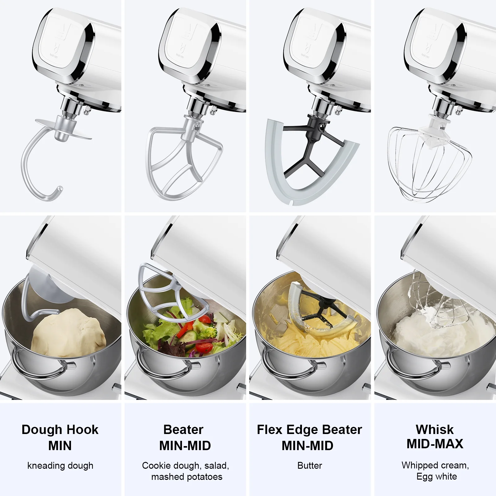 UTALENT 6 Adjustable Speeds Electric Stand Mixer with Flex Edge Beater, Egg Whisk, Dough Hook, Flat Beater, Splash Guard and 4.2 QT Stainless Steel Bowl for Smoothies, Cakes, Butter, Sauces and Soups