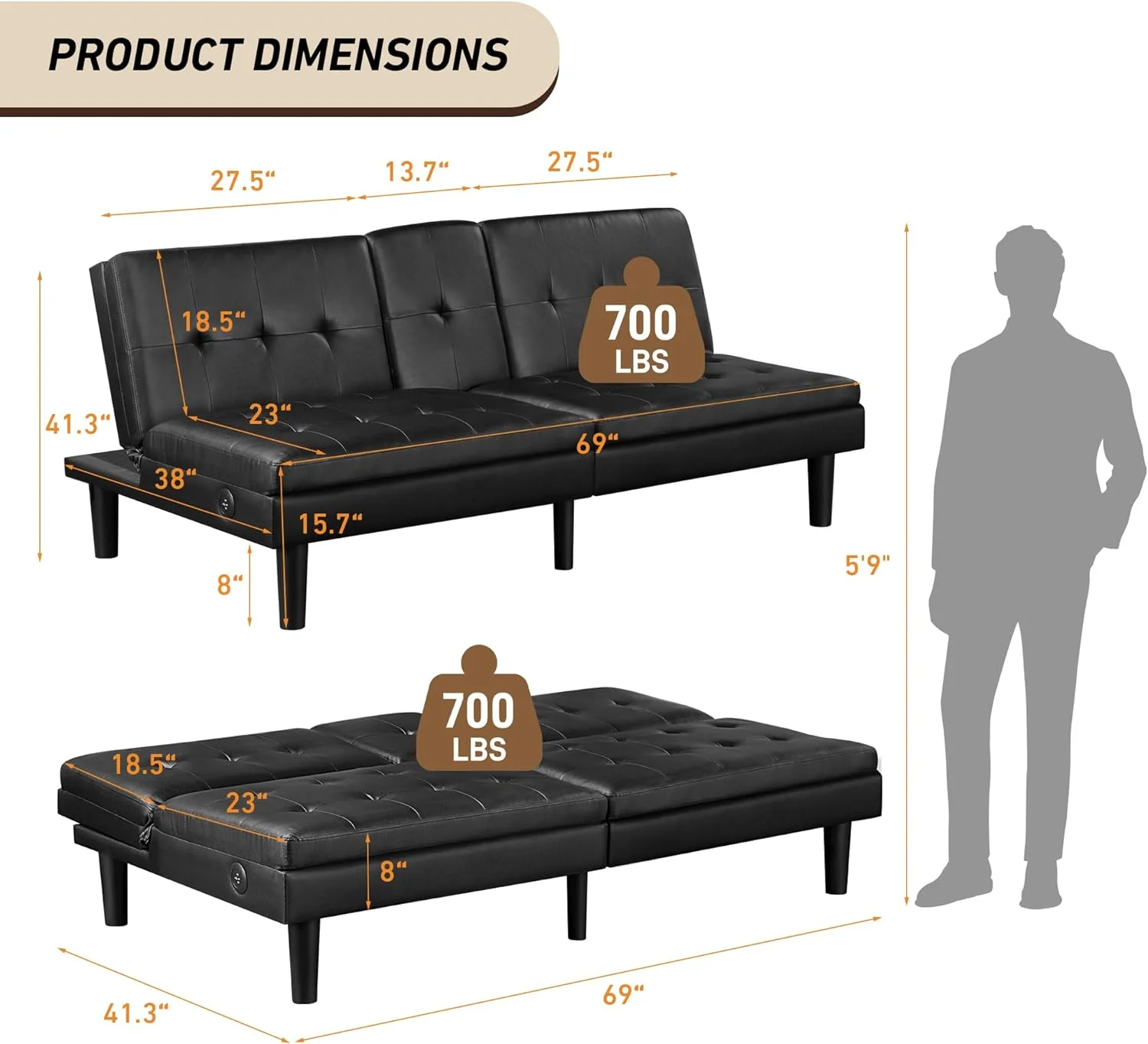 LLBIULife 69" W x 38" D x 29.5" H Futon Convertible Sofa Bed with USB & 2 Cupholders - Faux Leather Modern Memory Foam Sleeper Couch  Folding Loveseat for Apartment  Dorm