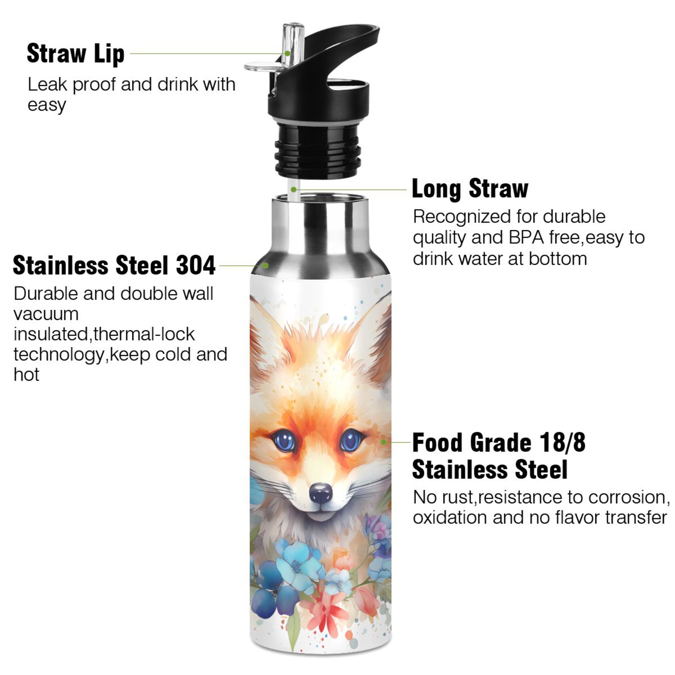 Water Bottle with Straw Lid Leak Fox in Flowers Floral Stainless Steel Insulated Thermos Vacuum Flask for Cold Hot Drinking for Sports Camping Gym Yoga