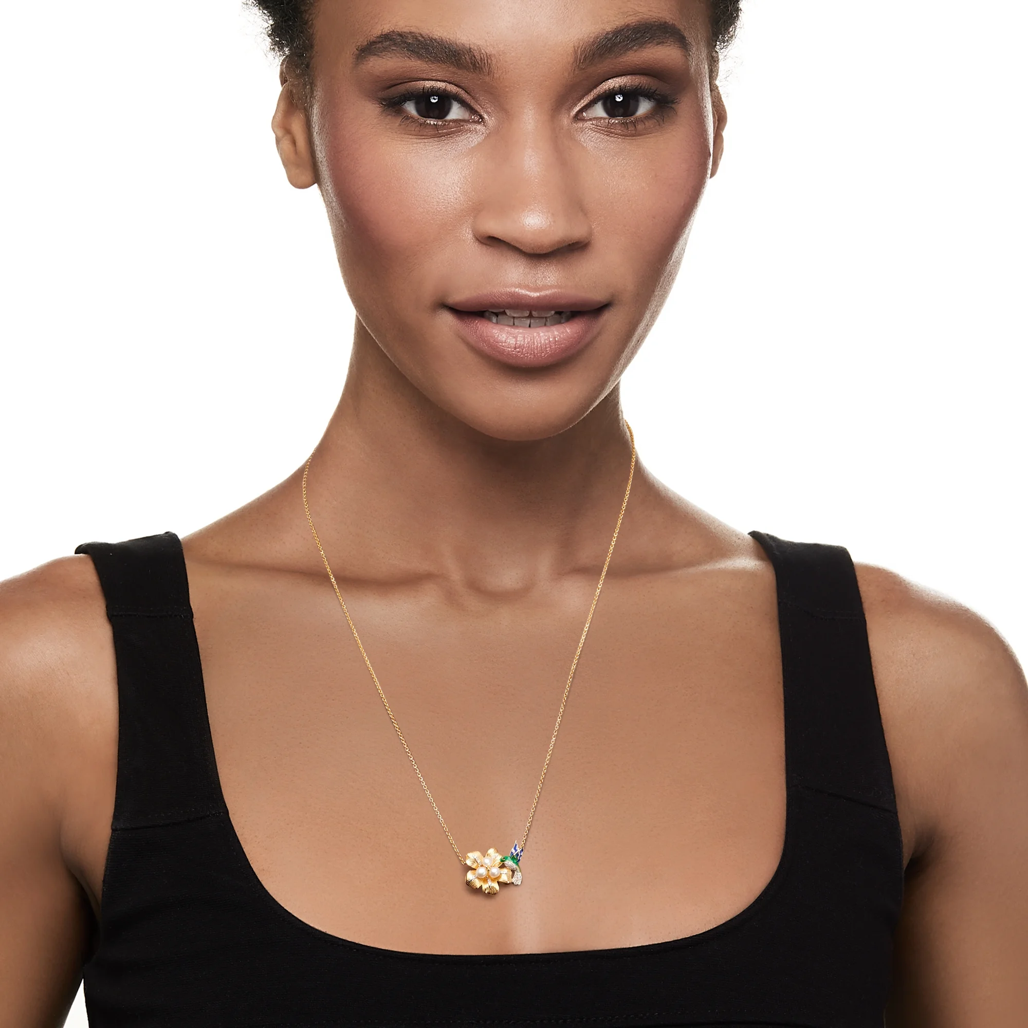 Ross-Simons 3.5-4mm Cultured Pearl and .10 ct. t.w. Diamond Hummingbird and Flower Necklace With Enamel in 18kt Gold Over Sterling, Women's, Adult