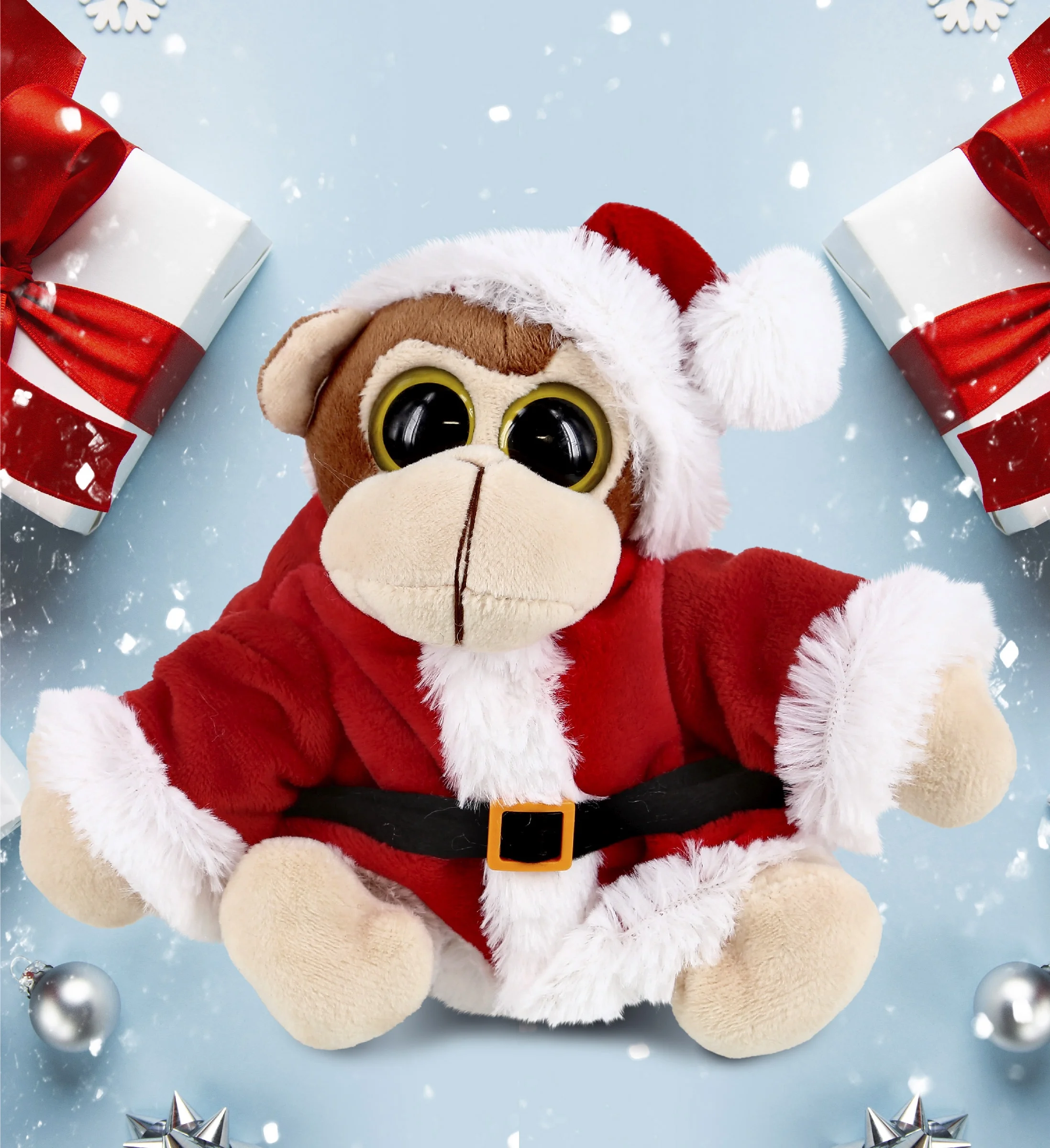 DolliBu Santa Big Eye Monkey Stuffed Animal Plush Toy - Super Soft Wild Animal Dress Up with Red Santa Claus Outfit, Cute Holiday Christmas Gift - 6 Inches