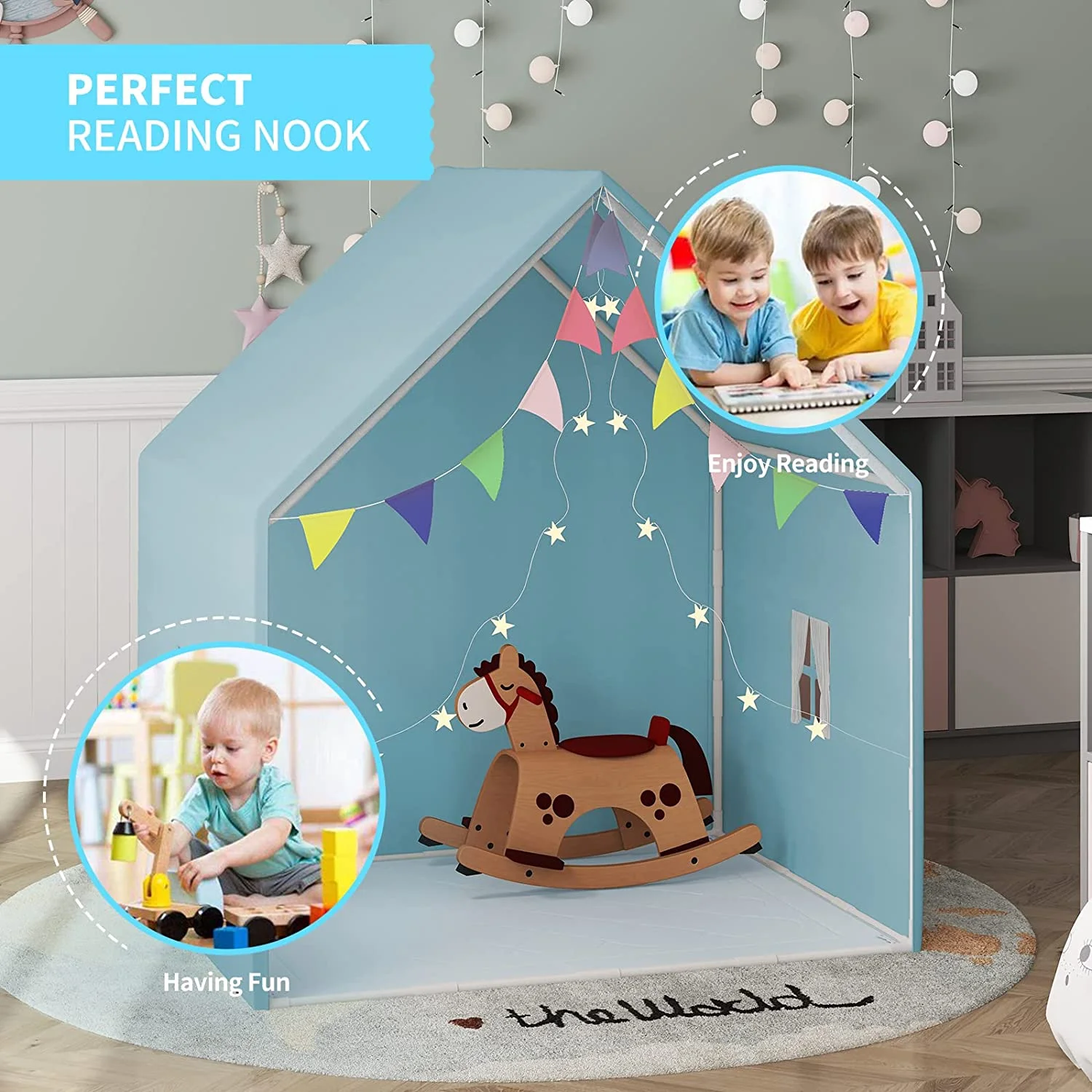 Cuoote Kids Play Tent, Play Tent, with Star Lights, Pennants, and Washable Floor Mats for Indoor or Outdoor Children's Play Tent (Blue)