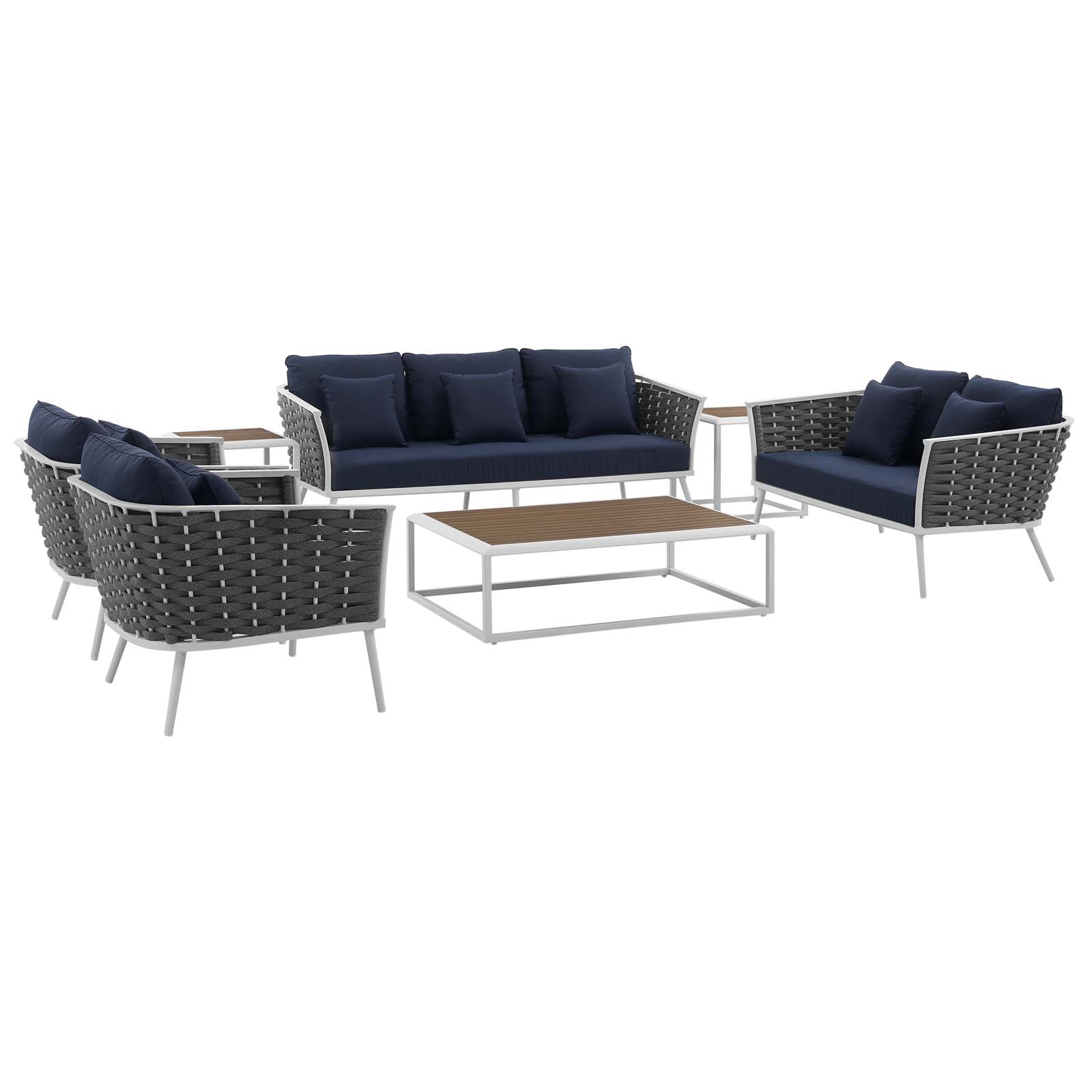 Modway Stance 7 Piece Outdoor Patio Aluminum Sectional Sofa Set in White Navy