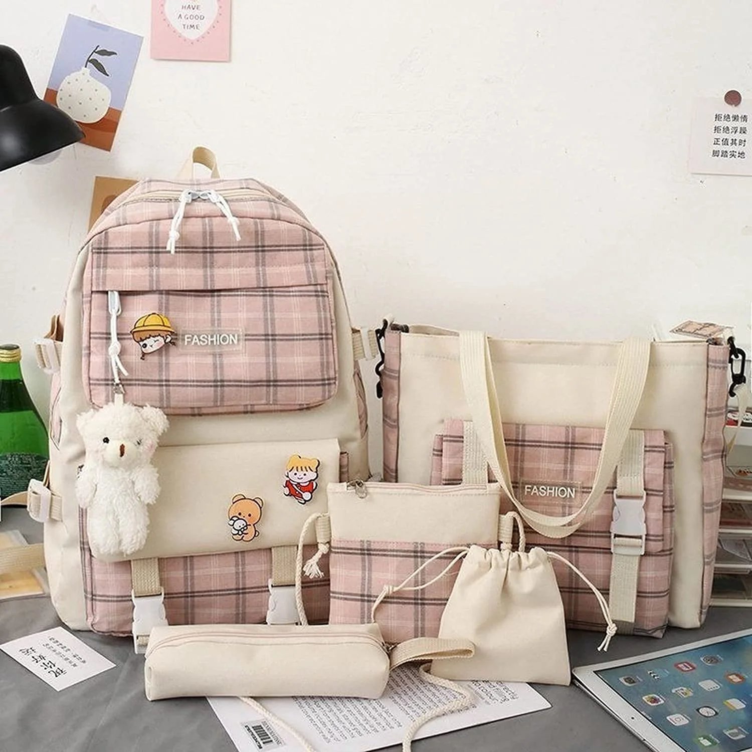 4Pcs Kawaii Cute Backpacks Combo Set with Bear Pendant & Pins - Cottagecore Plaid Check Japanese Anime Daypack Bag, Back To School Supplies Tote Pencil Case