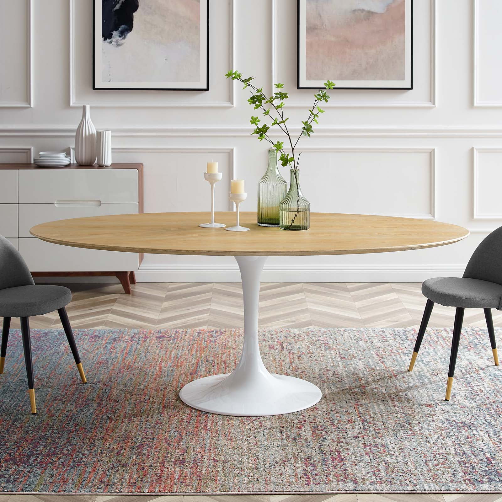 78 inch Dining Table, Oval, Natural Brown White, Wood, Metal Steel, Modern Contemporary Mid-Century, Kitchen Room Cafe Bistro Restaurant Hospitality