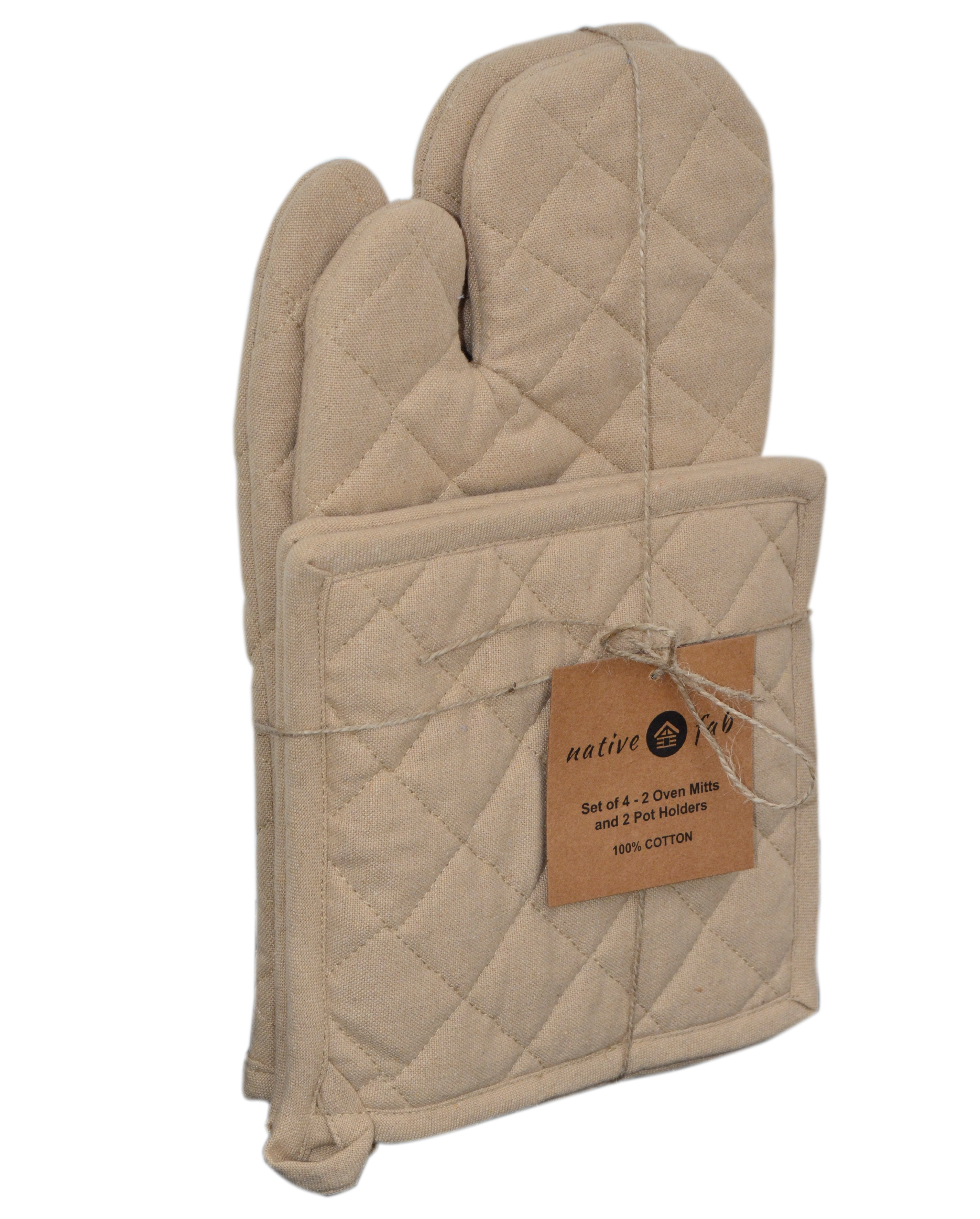 Native Fab 100% Cotton Oven Mitts & Pot Holders for Baking Cooking Hot Pans - 4 Pack - Beige