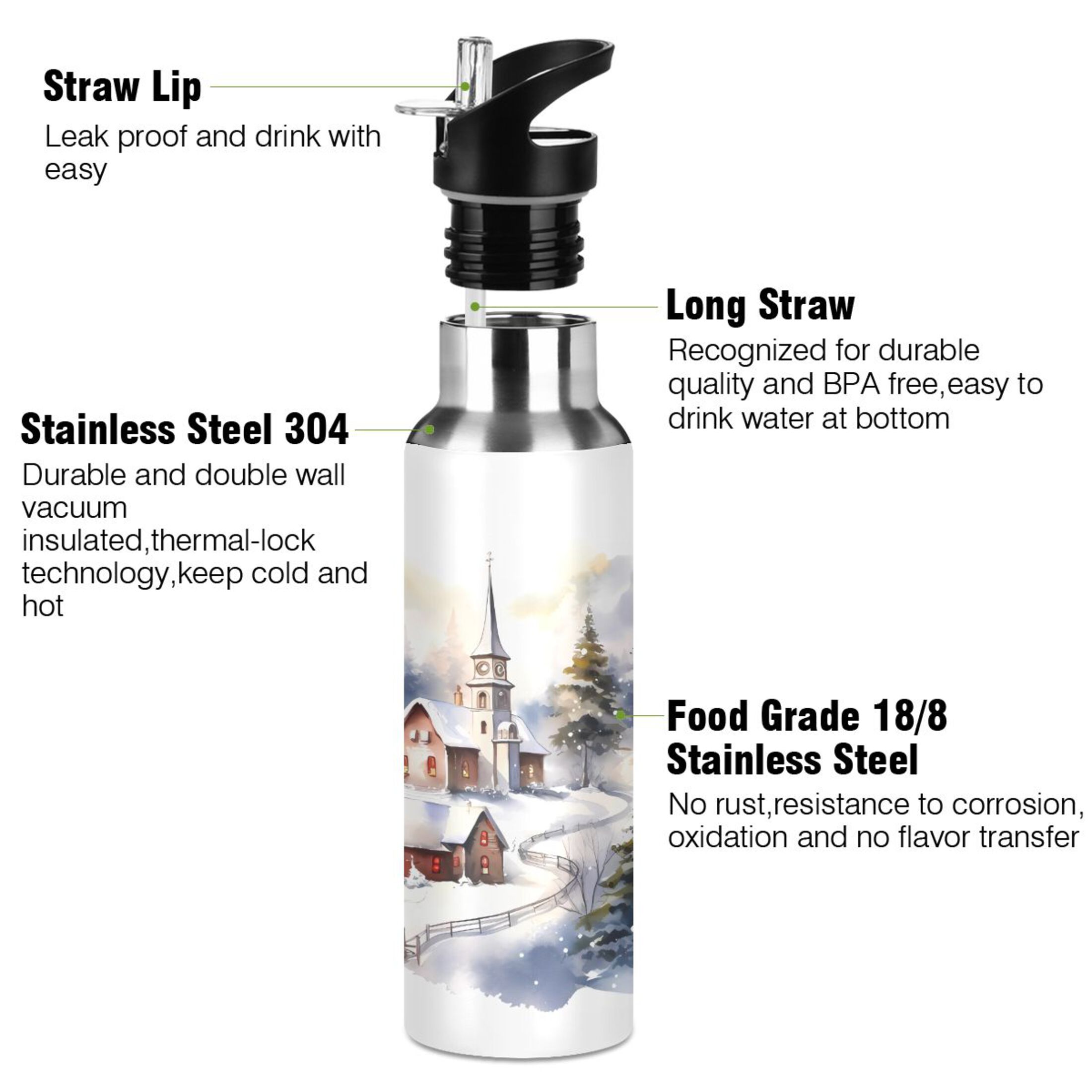 Water Bottle with Straw Lid Leak Winter Christmas Stainless Steel Insulated Thermos Vacuum Flask for Cold Hot Drinking for Sports Camping Gym Yoga