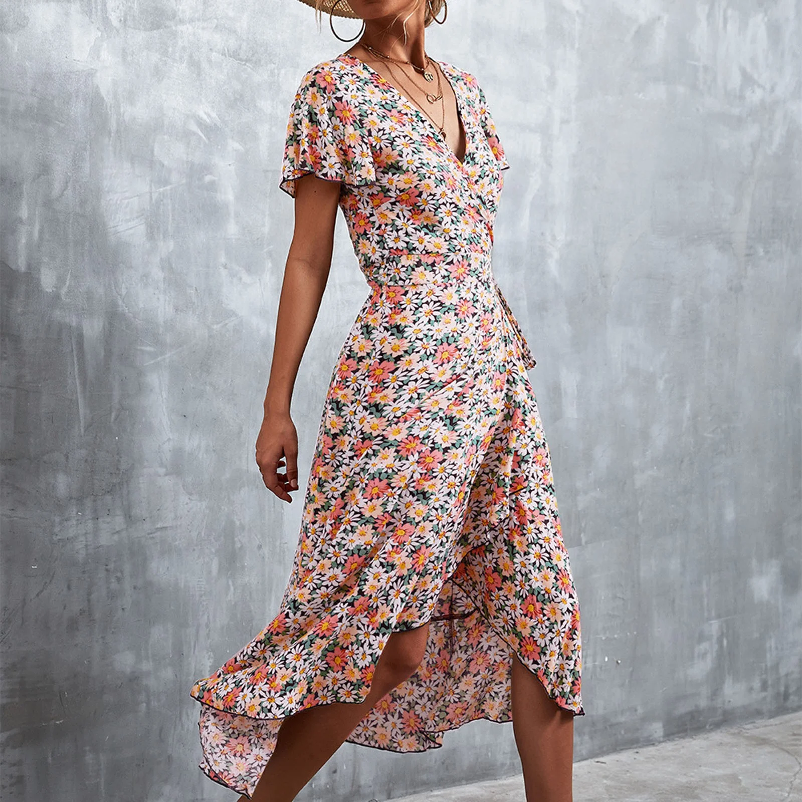 SZXZYGS Womens Dresses 2024 Summer Women Summer V Neck Short Sleeve Split Wrap Dress Waist Tie Casual Flowy Long Dress 2024 Women Dresses