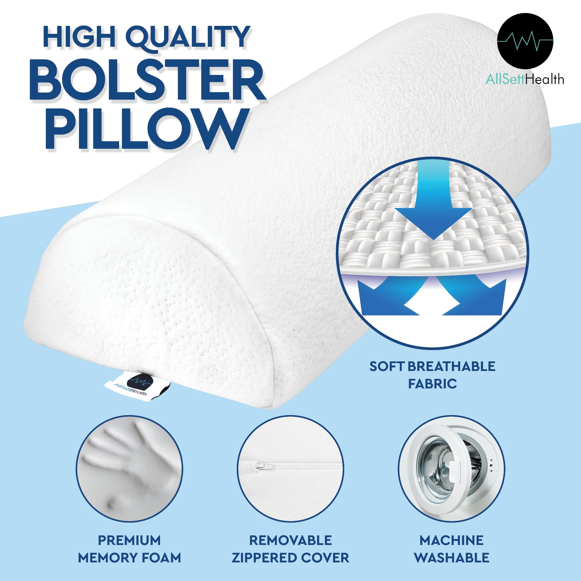 2 PACK - XXL Half Moon Bolster pillow for Legs, Back and Head | Semi Roll for Ankle and Foot Comfort With White Cotton Machine washable cover | Premium Memory Foam | 2 pillow system 20.5