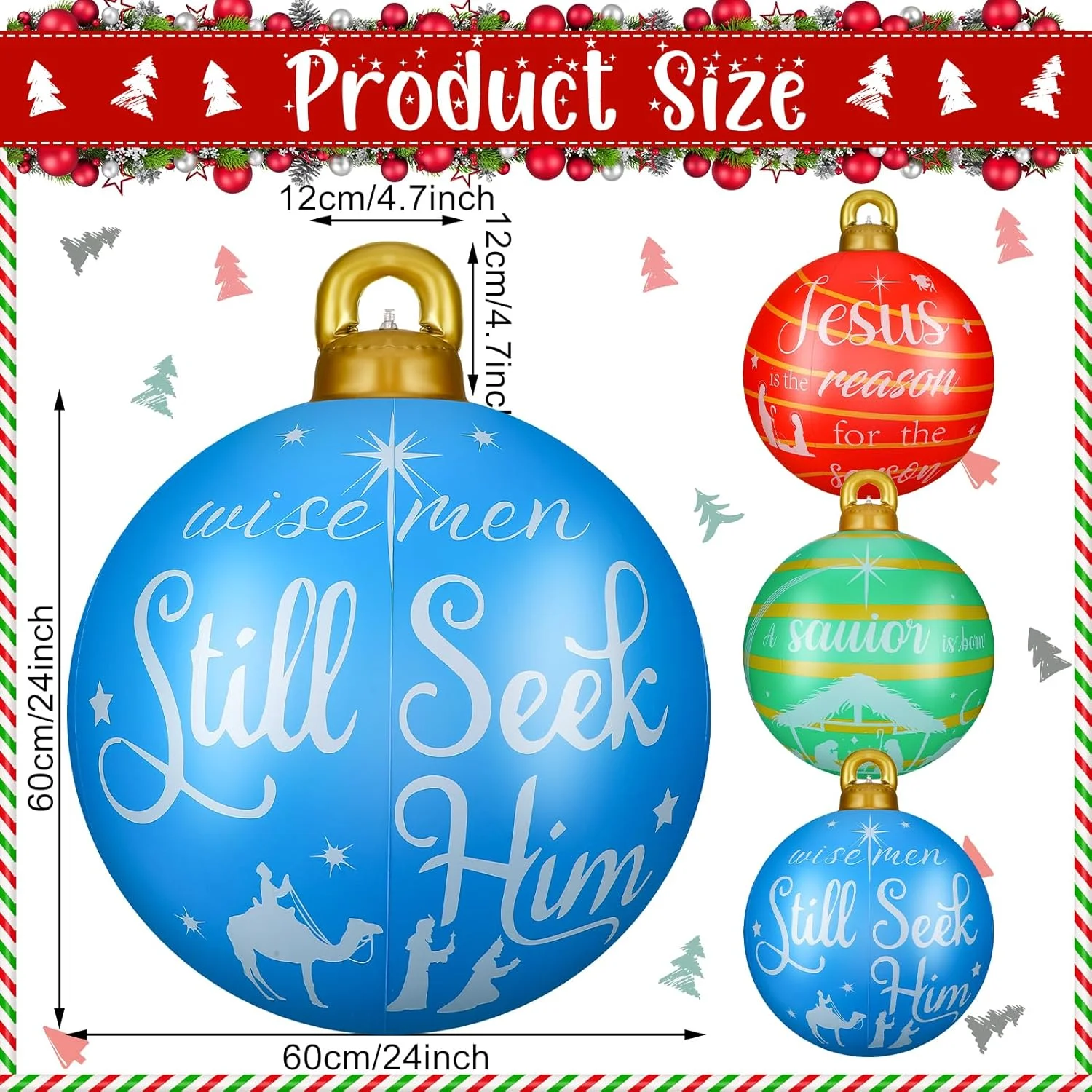 3 Pcs 24 Inch Giant Inflatable Christmas Ball PVC Inflatable Decorated Ball Large Holiday Inflatables Outdoor Decorations Christmas Blow up Yard Decor Giant Inflatable Ornaments (Nativity)