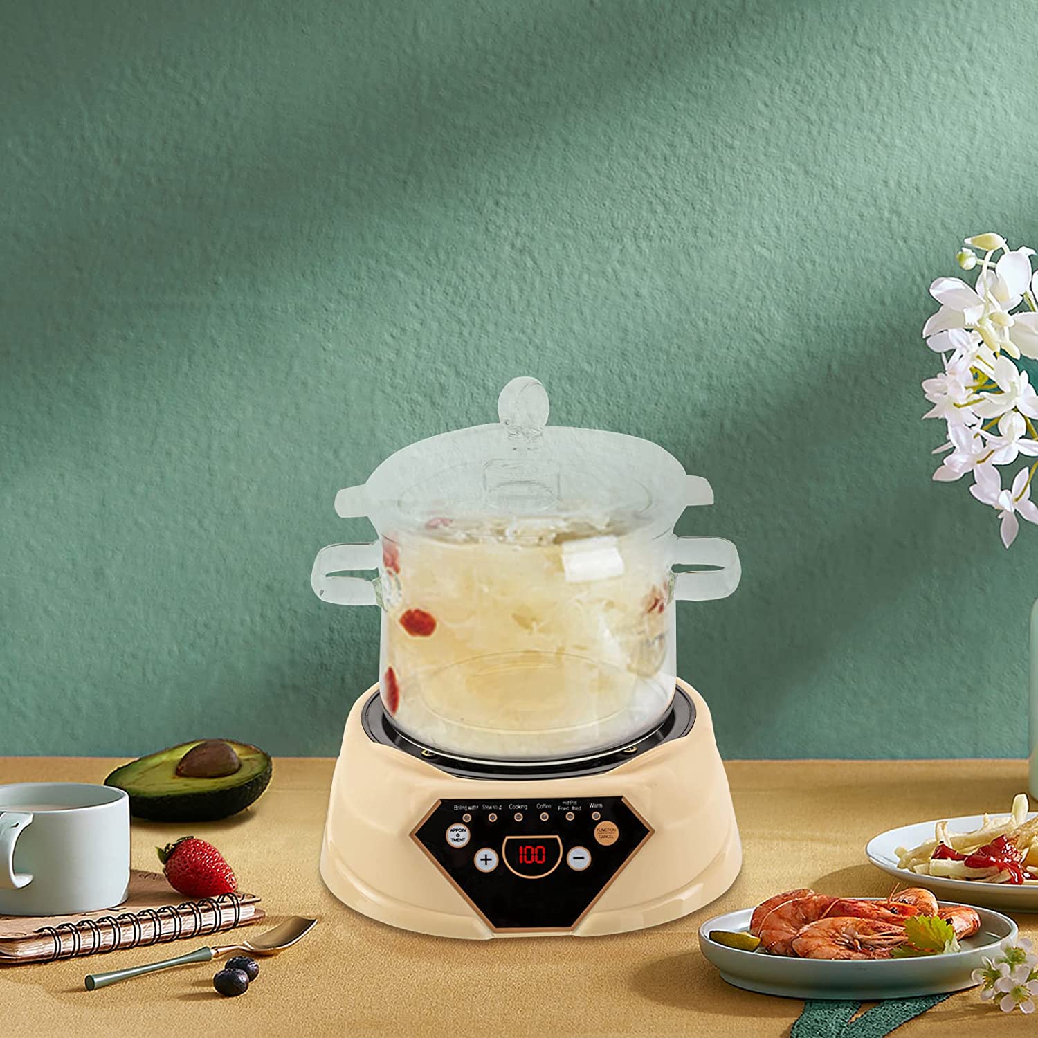 Miumaeov Multifunctional Health Pot 700W Automatic Electric Stew Pot 1.6L for Making Tea, Porridge and Soup, Clear, Cream Yellow