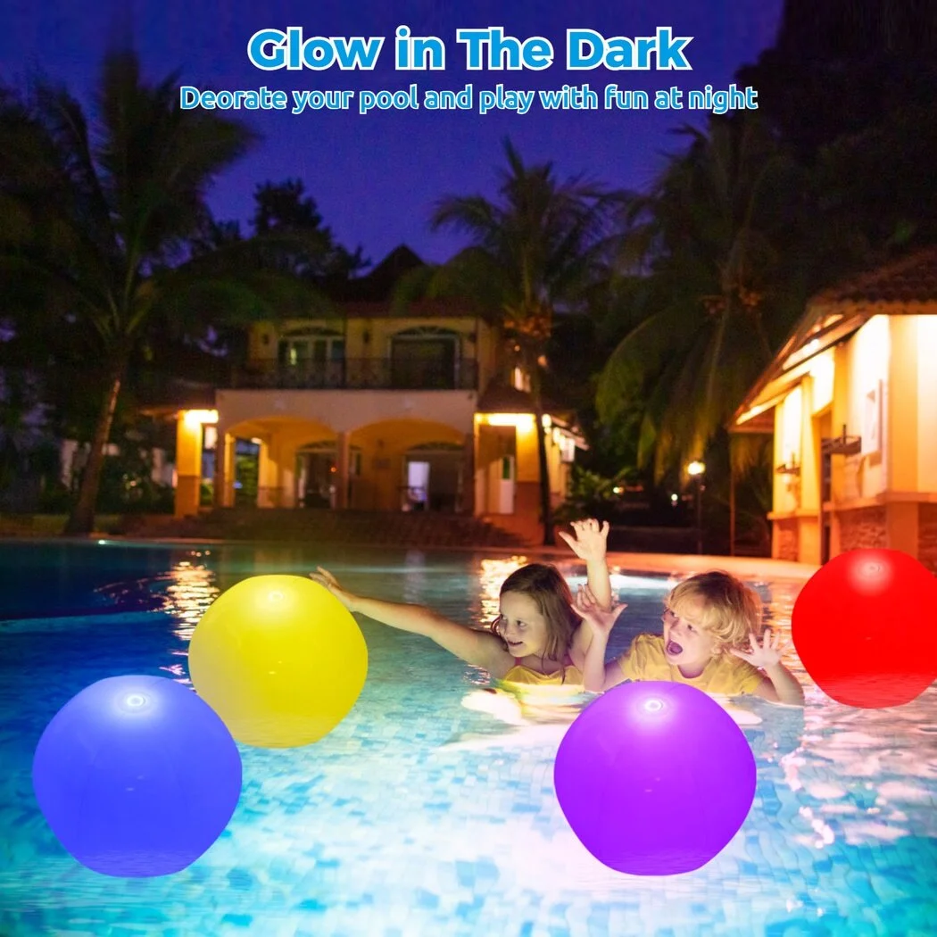 Swimming Pool Ball Lights, 4 Packs Luminous Inflated Beach Balls for Adults, 16 Light Modes Glow in the Dark Pool Beach Games Ball Toys for Outdoors Decoration, Giant Beach Balls