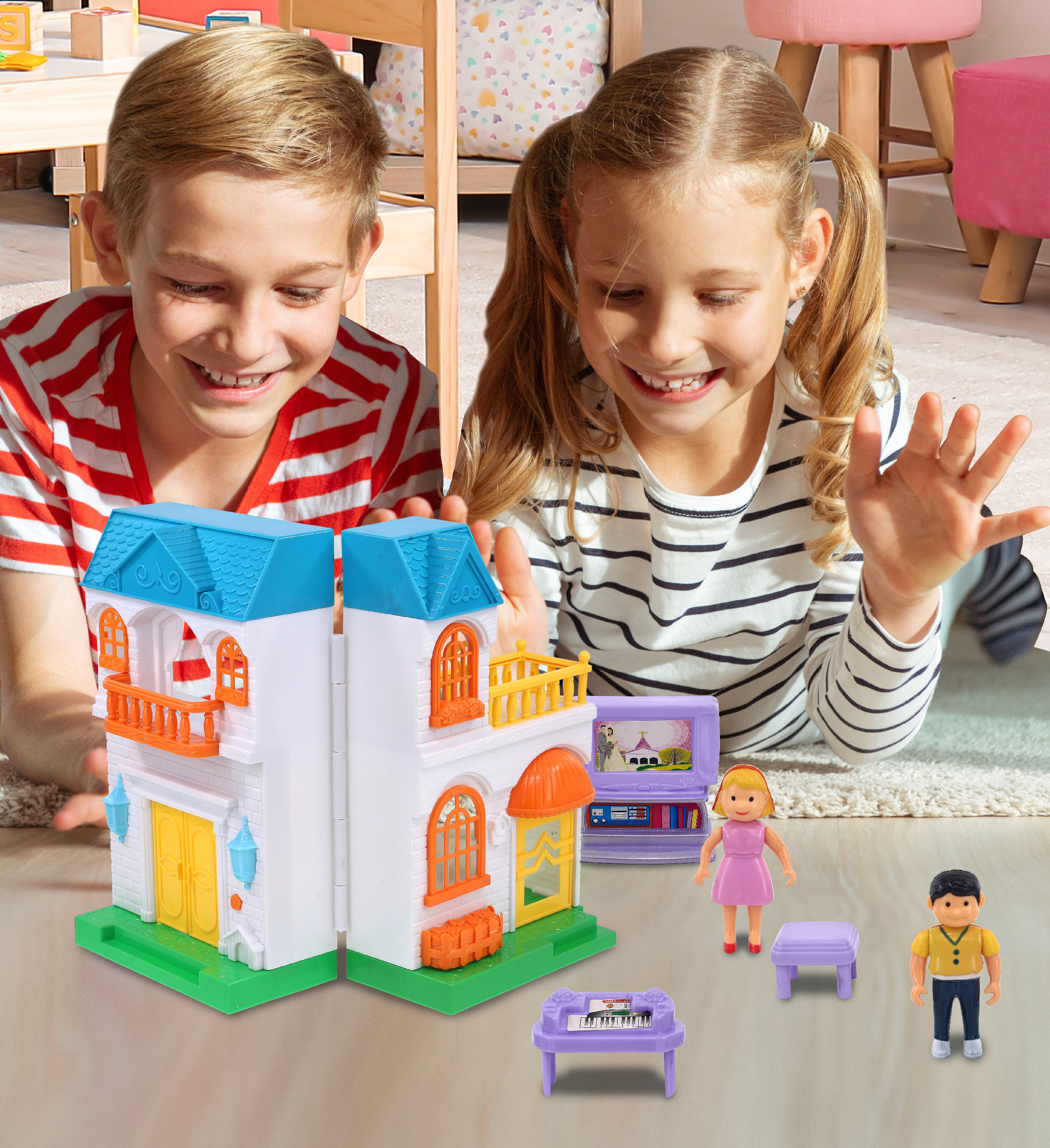 Mozlly Educational Mini Doll House Playset - Cute Small Dollhouse Figure Playhouse Toy Set for Boys and Girls, Kids Pretend Play Dollhouse Family Set & Accessories - 1 Pink House and 1 Blue House Set