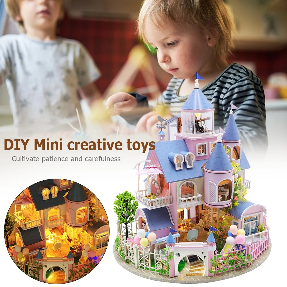 DIY Doll House Furniture Kit Miniature 3D Wooden LED Dollhouse Castle Casa