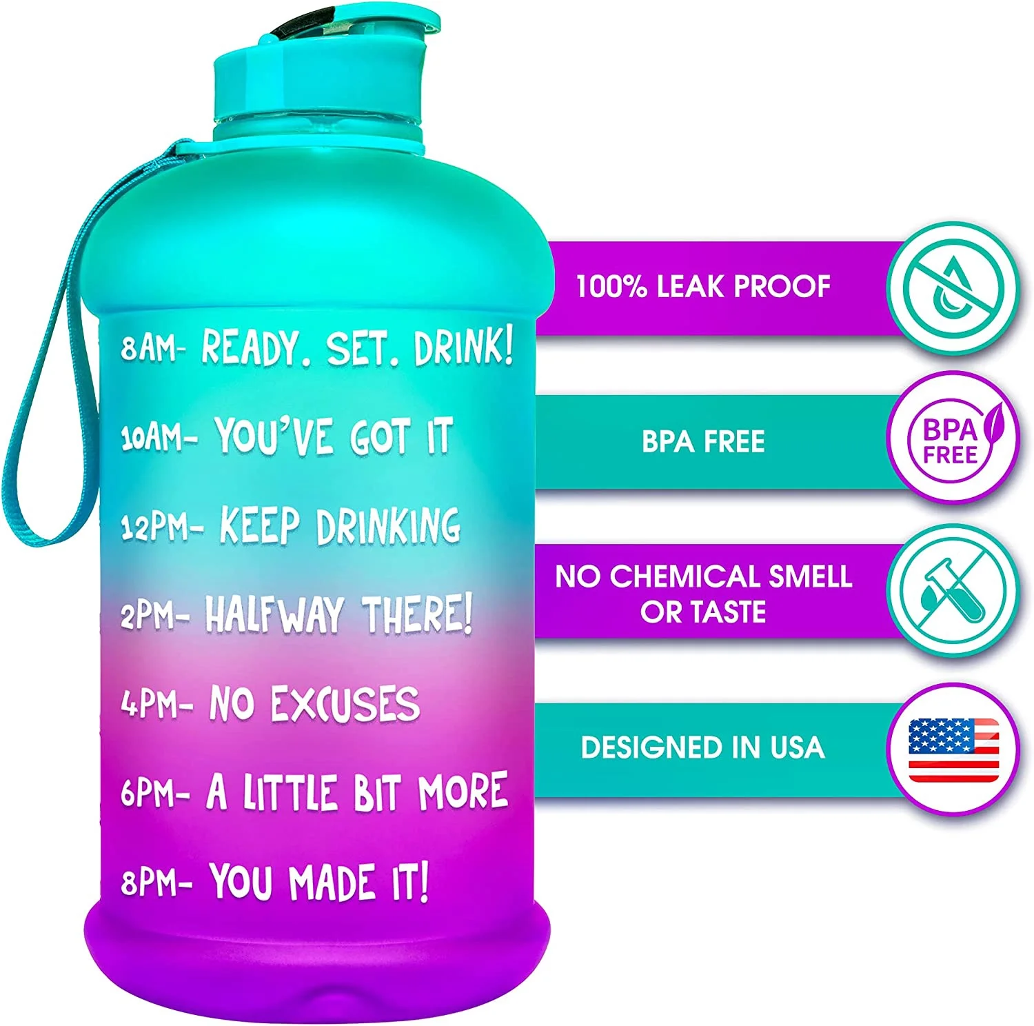 NatureWorks HydroMATE Half Gallon Water Bottle with Times to Drink BPA Free Leak Proof Reusable Jug with Handle 64 oz