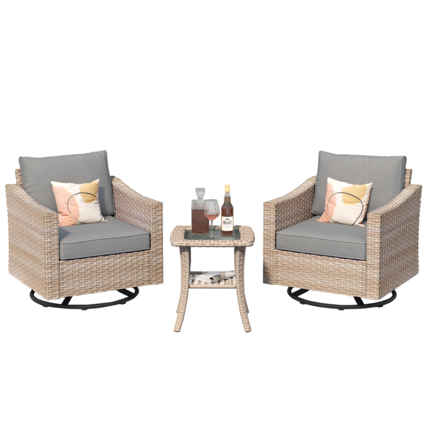 Vcatnet 3 Pieces Patio Wicker Swivel Chairs Rotating Conversation Chairs with Cusions and Glass Top Table for Porch,Garden