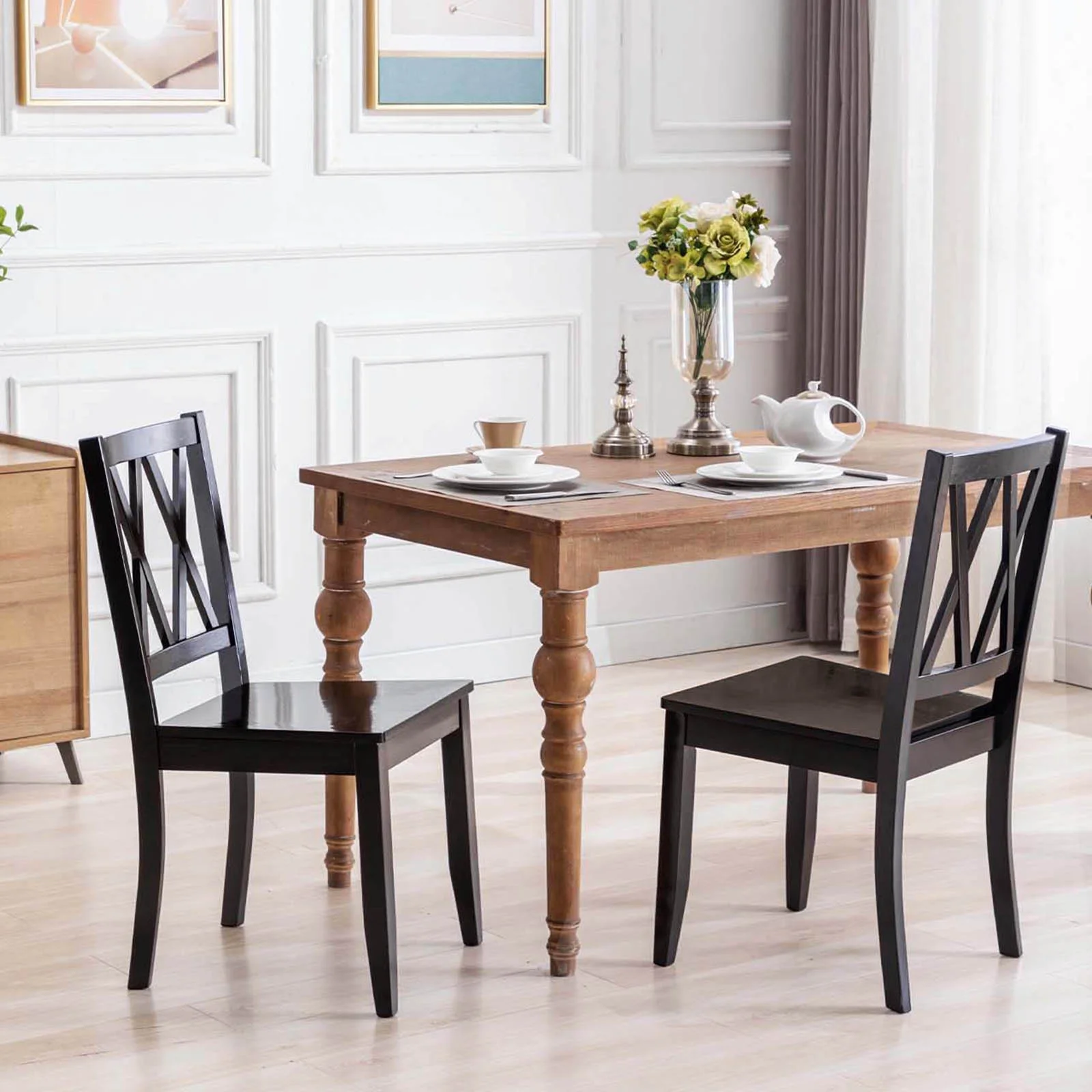 Duhome Rubberwood Black Dining Chairs Set of 2, Farmhouse Dining Room Chairs Cross Back Kitchen Chairs Cottage Wooden Chair