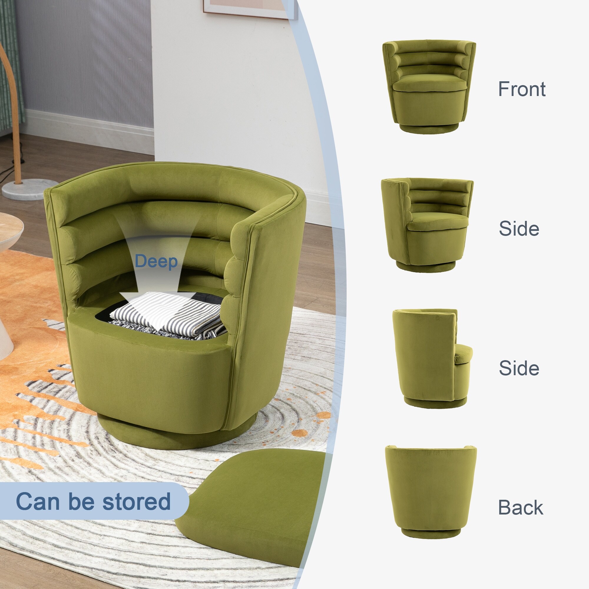 360 degree rotating barrel shaped velvet armchair with storage Olive Green