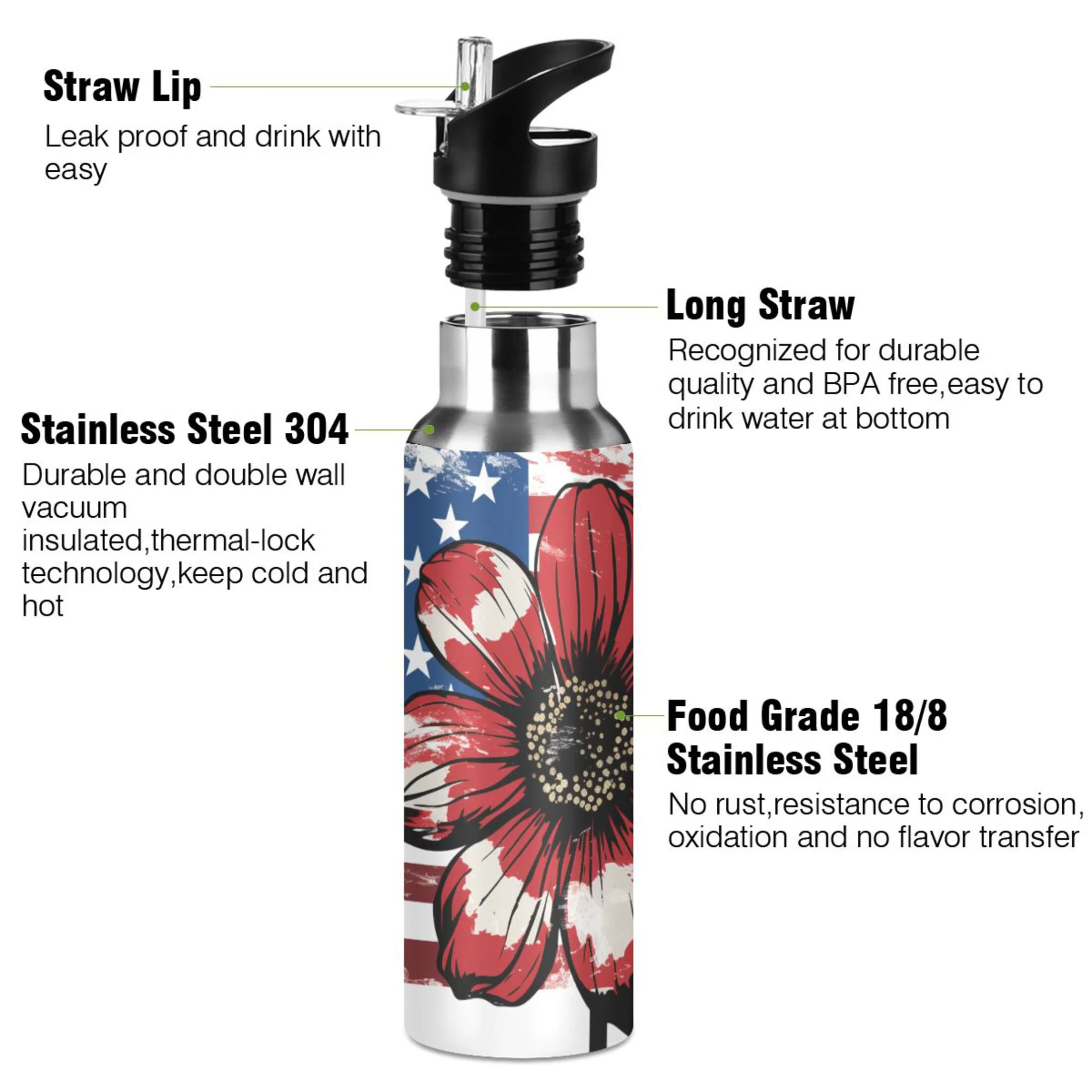 Sunflower with Flag Water Bottles Insulated Thermos Kids Stainless Steel Bottle with Straw Lid Flask Leakproof for Sports Gym 20 oz