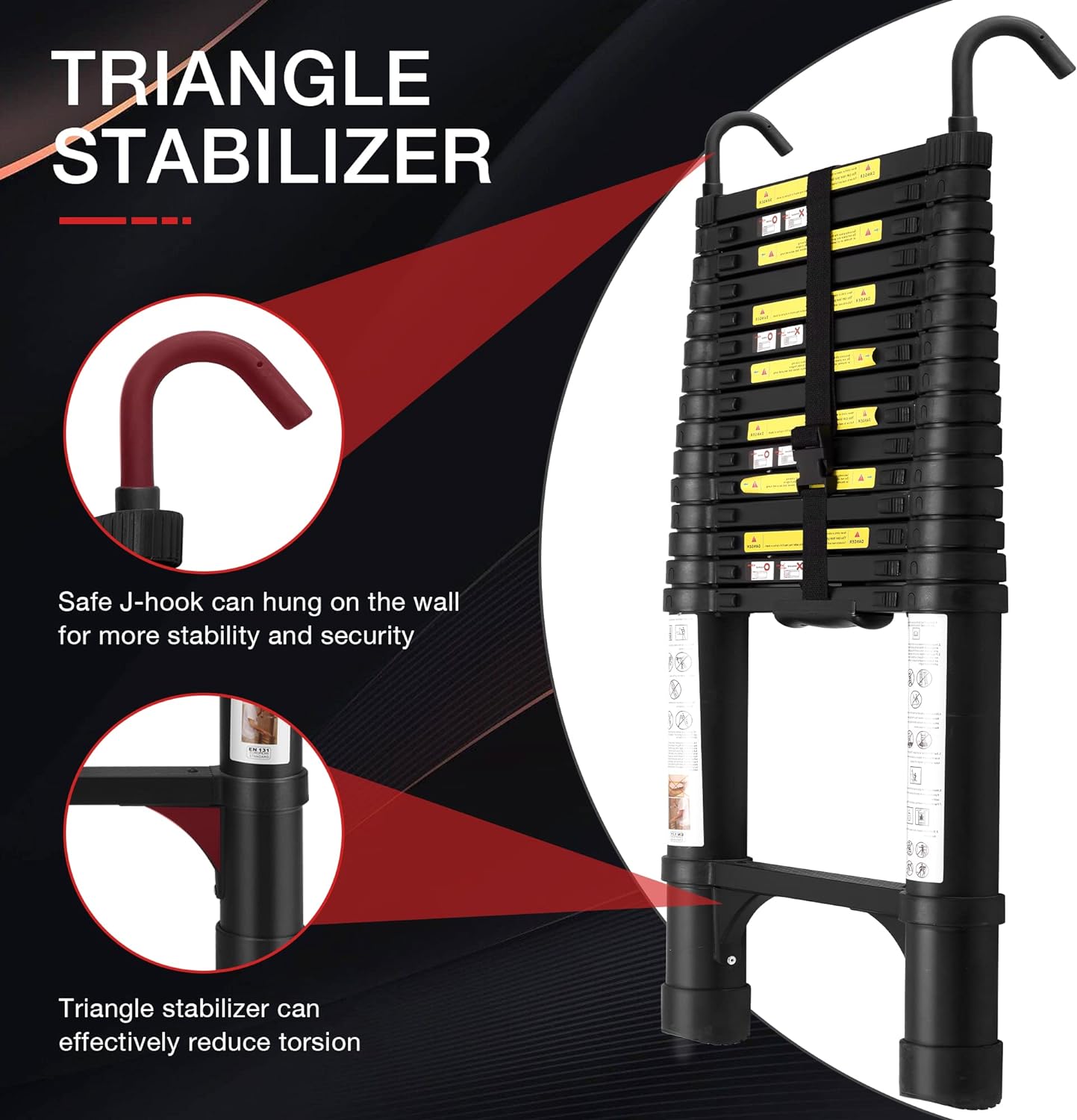 Telescoping Ladder 10.5 FT with 2 Detachable Roof Hooks Aluminum Telescopic Extension Ladder with 2 Triangle Stabilizers, Multi-Purpose Collapsible Ladder for Household and Outdoor Working