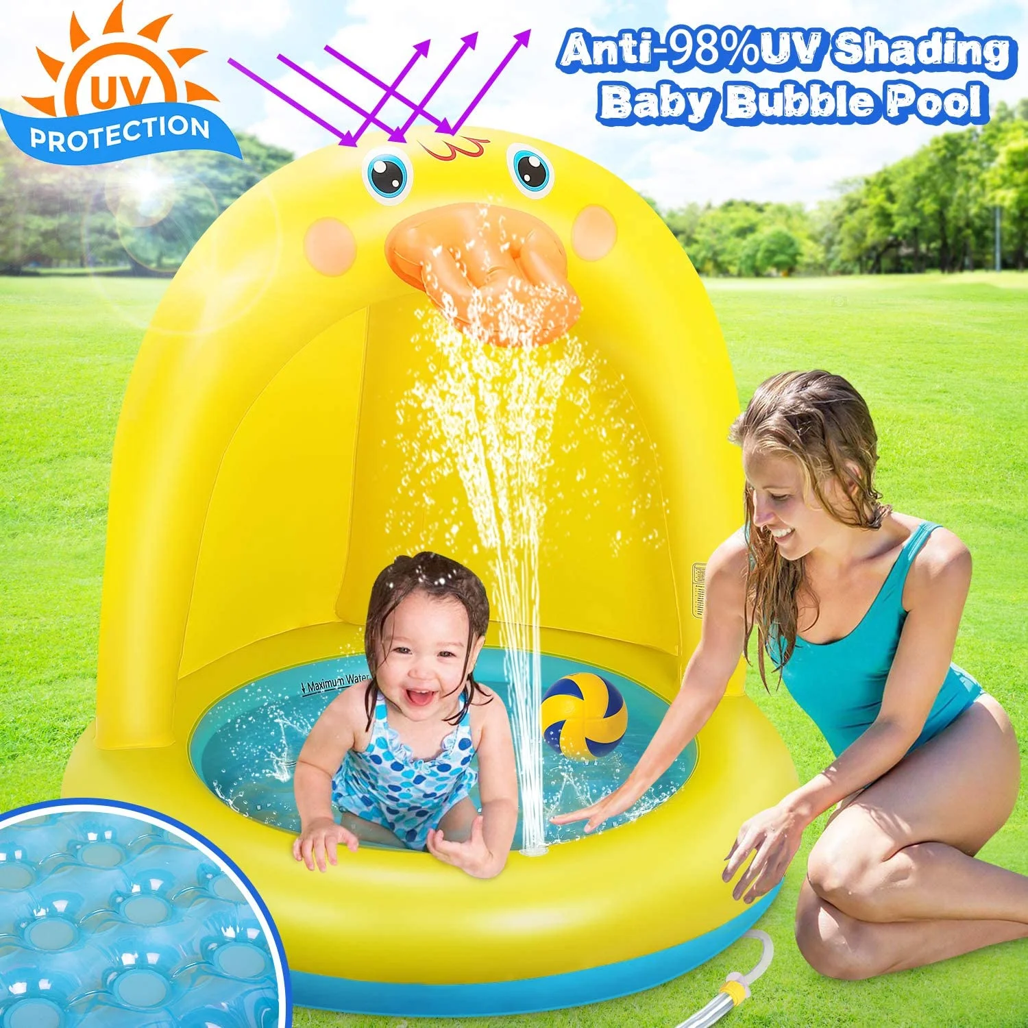 Popolic Inflatable Baby Pool, Duck Baby Splash Pool with Canopy Extra Soft Bubble Base for Kids Toddlers, Spray Water Fun Summer Blow Up Shade Pool for Outdoor and Indoor