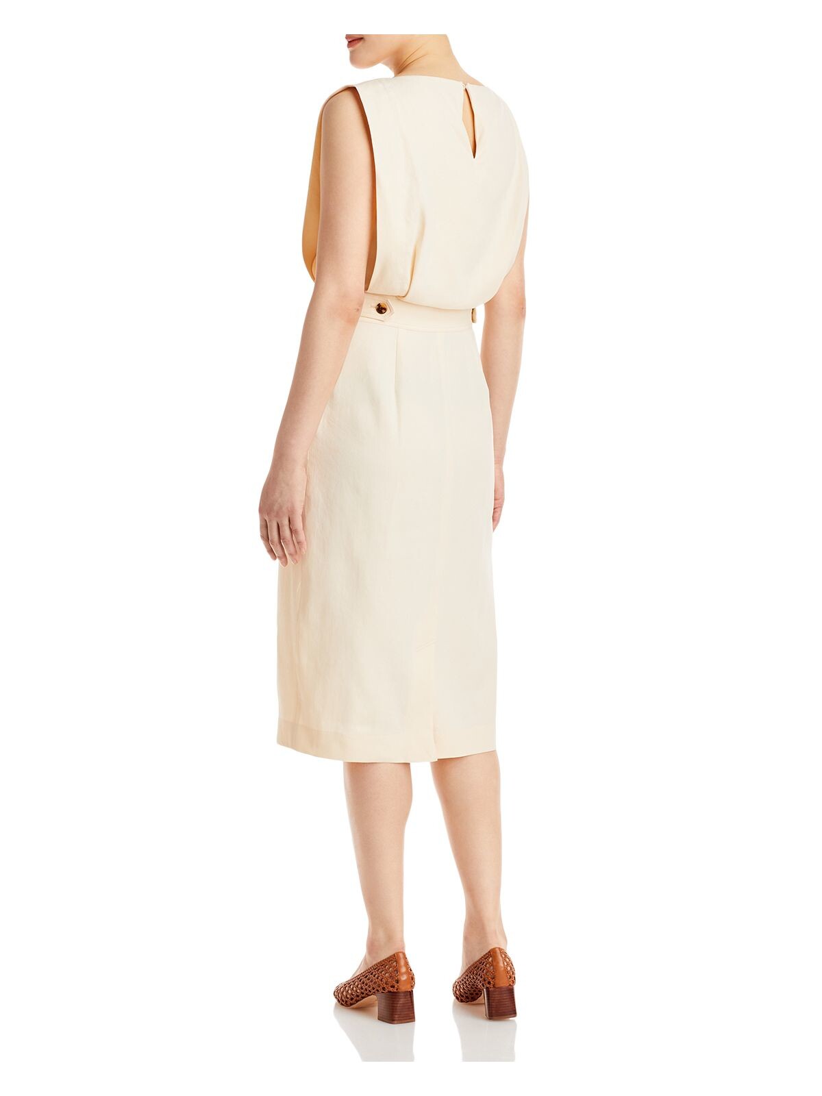 LAFAYETTE 148 NEW YORK Womens Beige Zippered Pocketed Pleated Back Slit Unlined Sleeveless Boat Neck Knee Length Wear To Work Blouson Dress 2