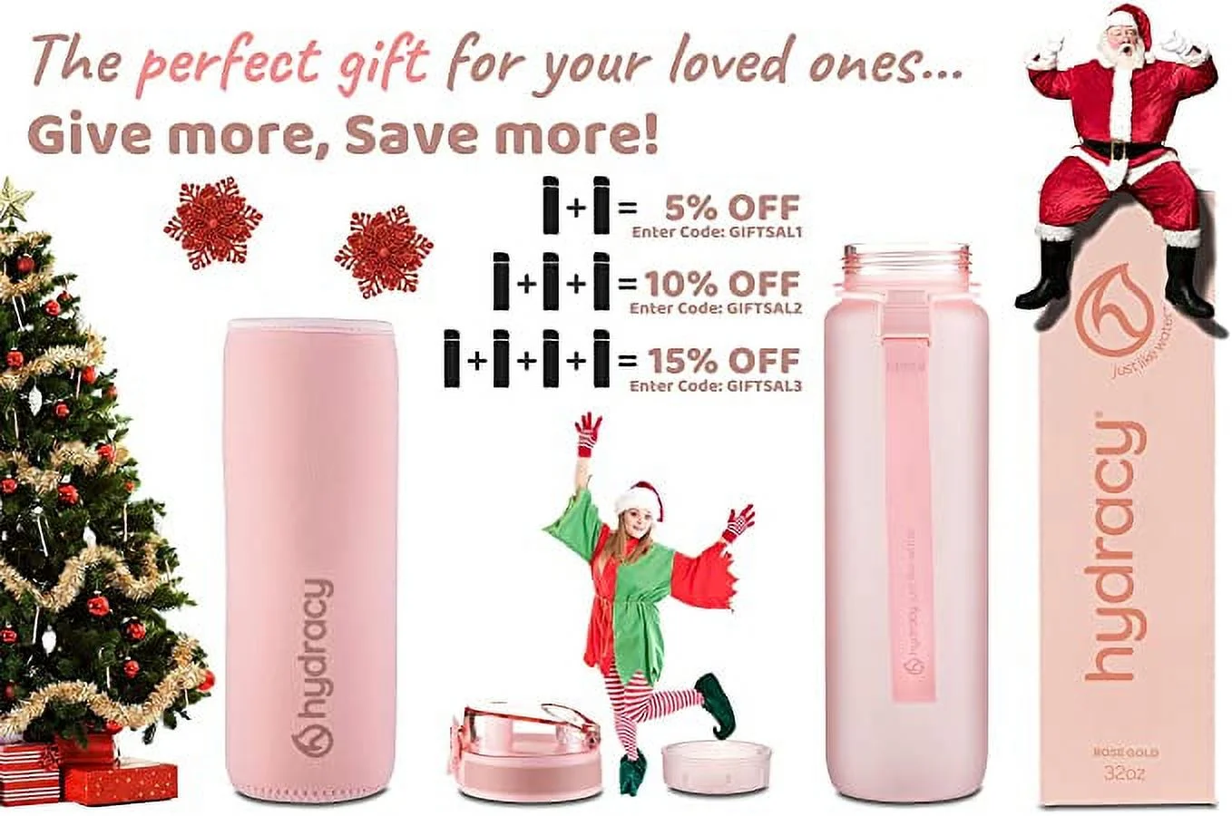 Hydracy Water Bottle with Time Marker - Large 1 Liter 32 Oz - Leak Proof & No Sweat Gym Bottle with Fruit Infuser Strainer - Ideal Gift for Fitness or Sports & Outdoors - Rose Gold