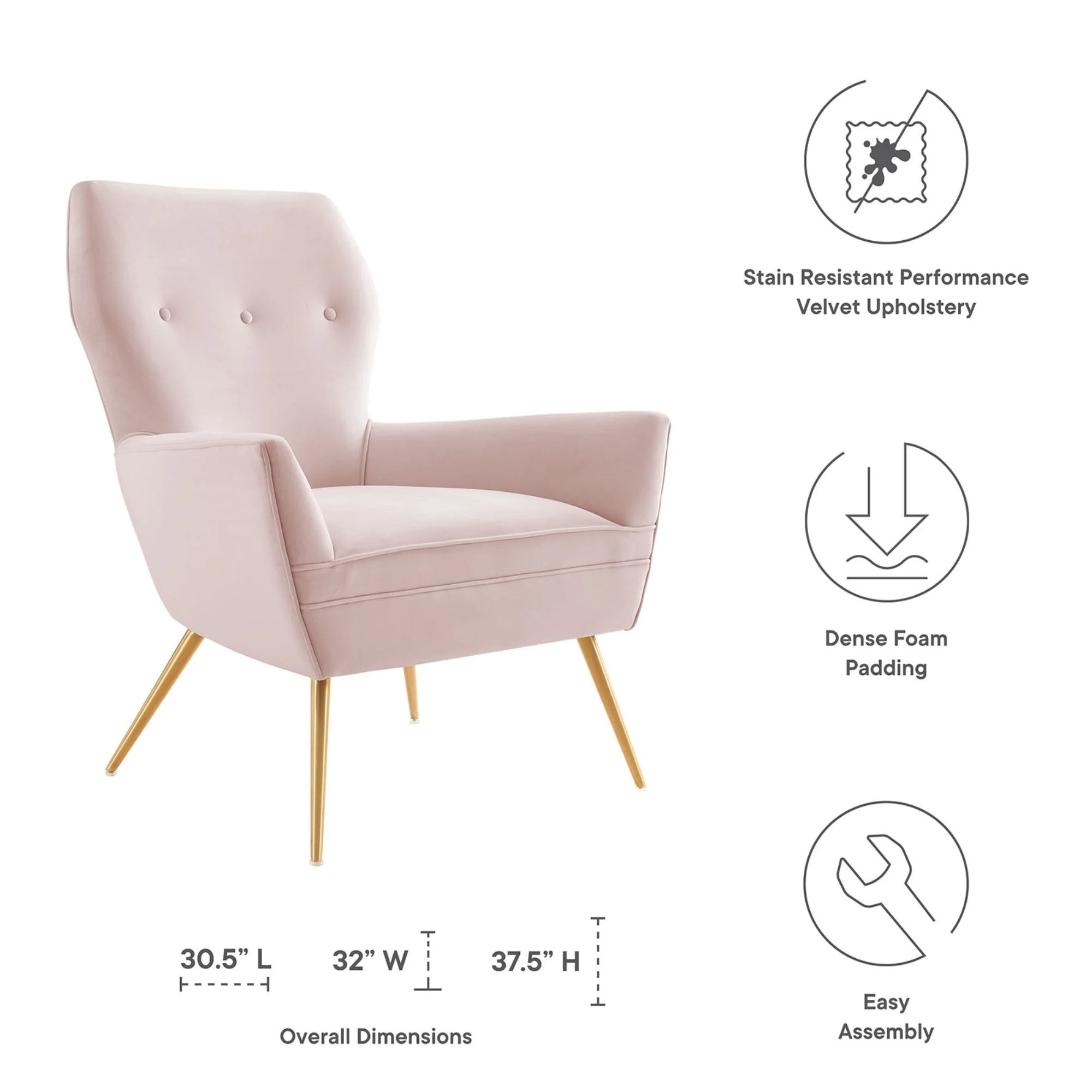 Modway Renata Modern Tufted Performance Velvet Armchair in Pink/Gold