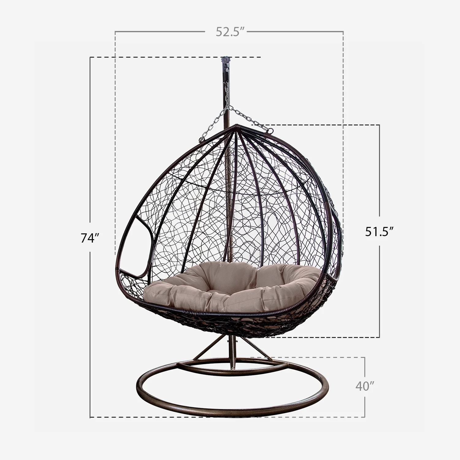 Décor Double Seats Lover Seats Couple Seats With Rack Handle Patio Swing Chair Outdoor Wicker Plastic Tear Drop Swing Lounge Chair with Gray Cushion Mat & Support Frame