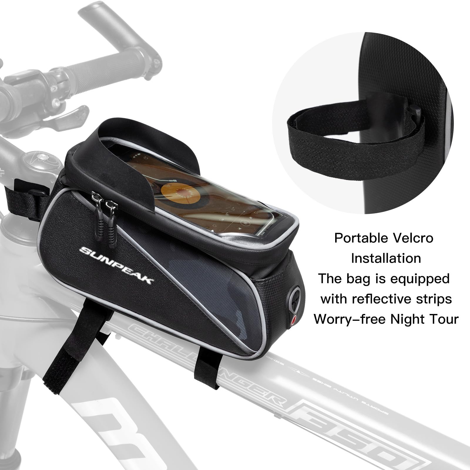 Sunpeak Bicycle Cell Phone Front Frame Bag Bike Handlebar Pouch Waterproof Cycling Tube Bag Cell Phone Holder