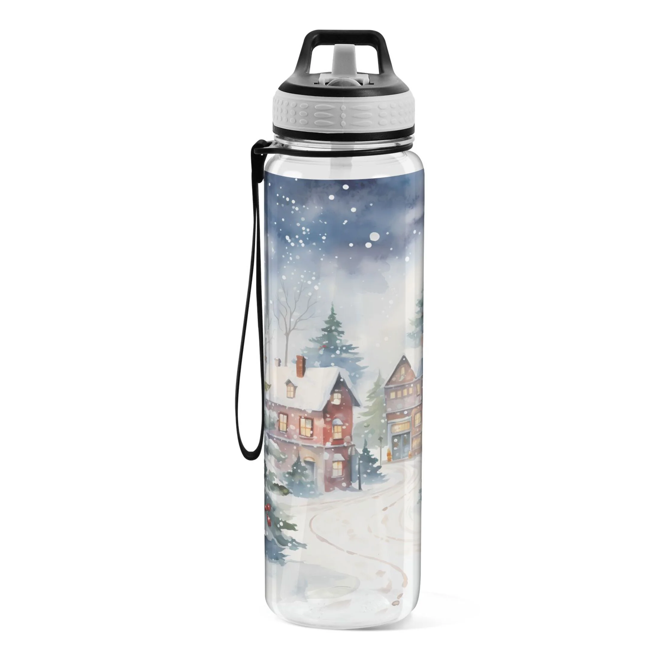 Christmas Trees in Winter Print 32oz Water Bottles with Straw Tritan Leakproof Sports Bottle BPA Free Clear for Fitness Gym Swimming Cycling