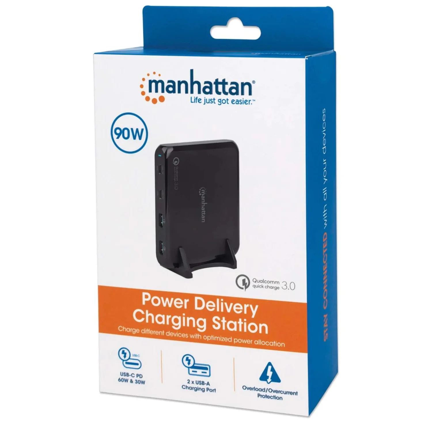 Manhattan 90 W USB-C Charger - Two USB-C (PD 3.0) and one Quick Charge USB-A Ports - For Notebook, Laptop, Ultrabook™, Tablet and more