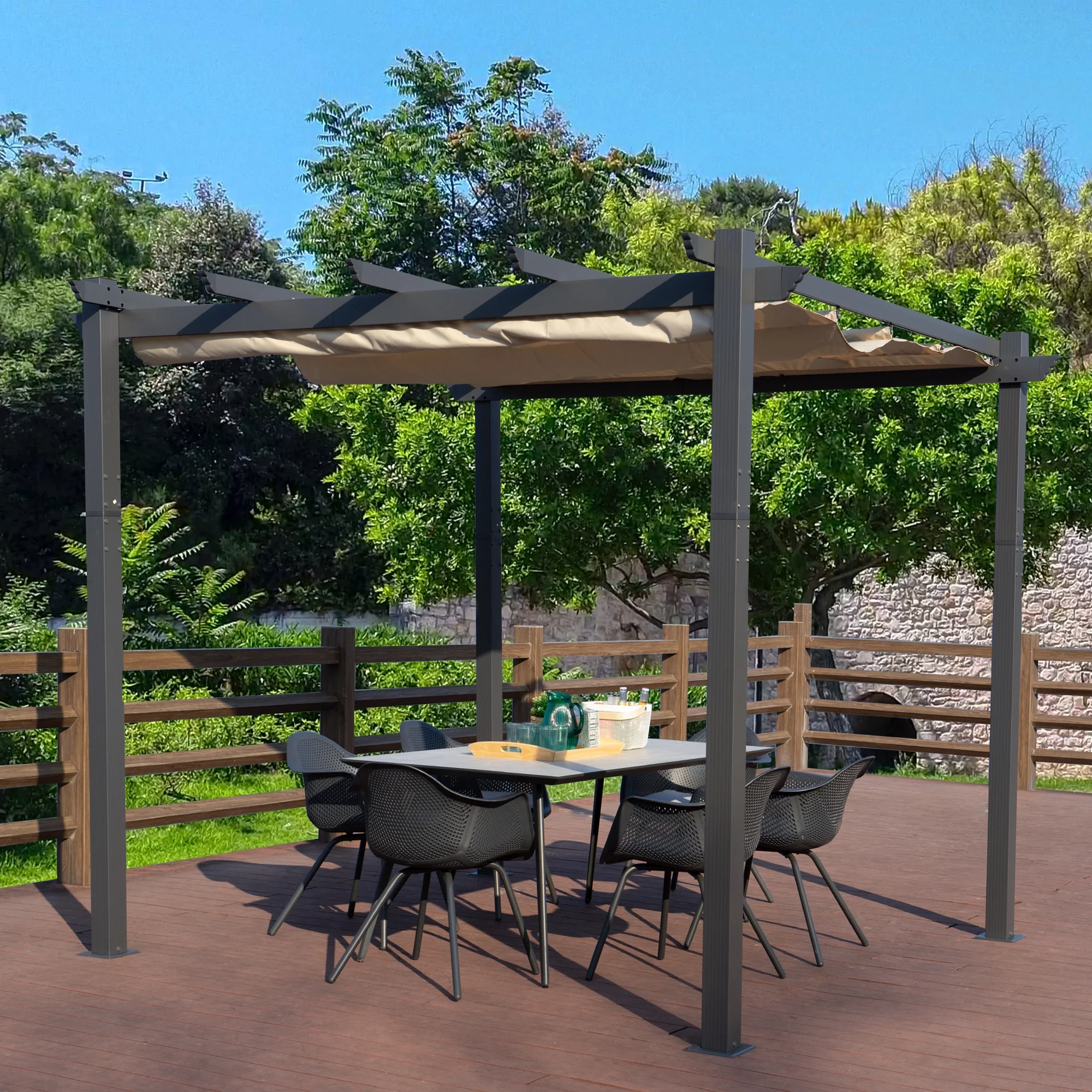 Kozyard Morgan Outdoor Extra-Large Gray Aluminum Frame Pergola with Sunshade Canopy (10'x10', Beige)