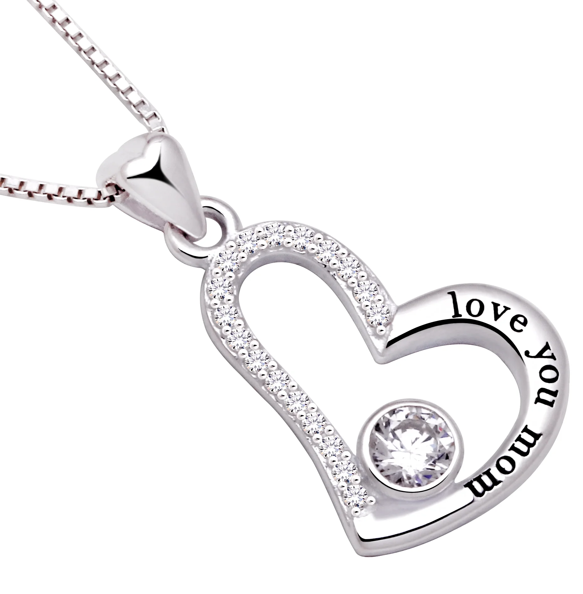 ALOV Jewelry Sterling Silver love you mom Love Heart Cubic Zirconia Mother Pendant Necklace