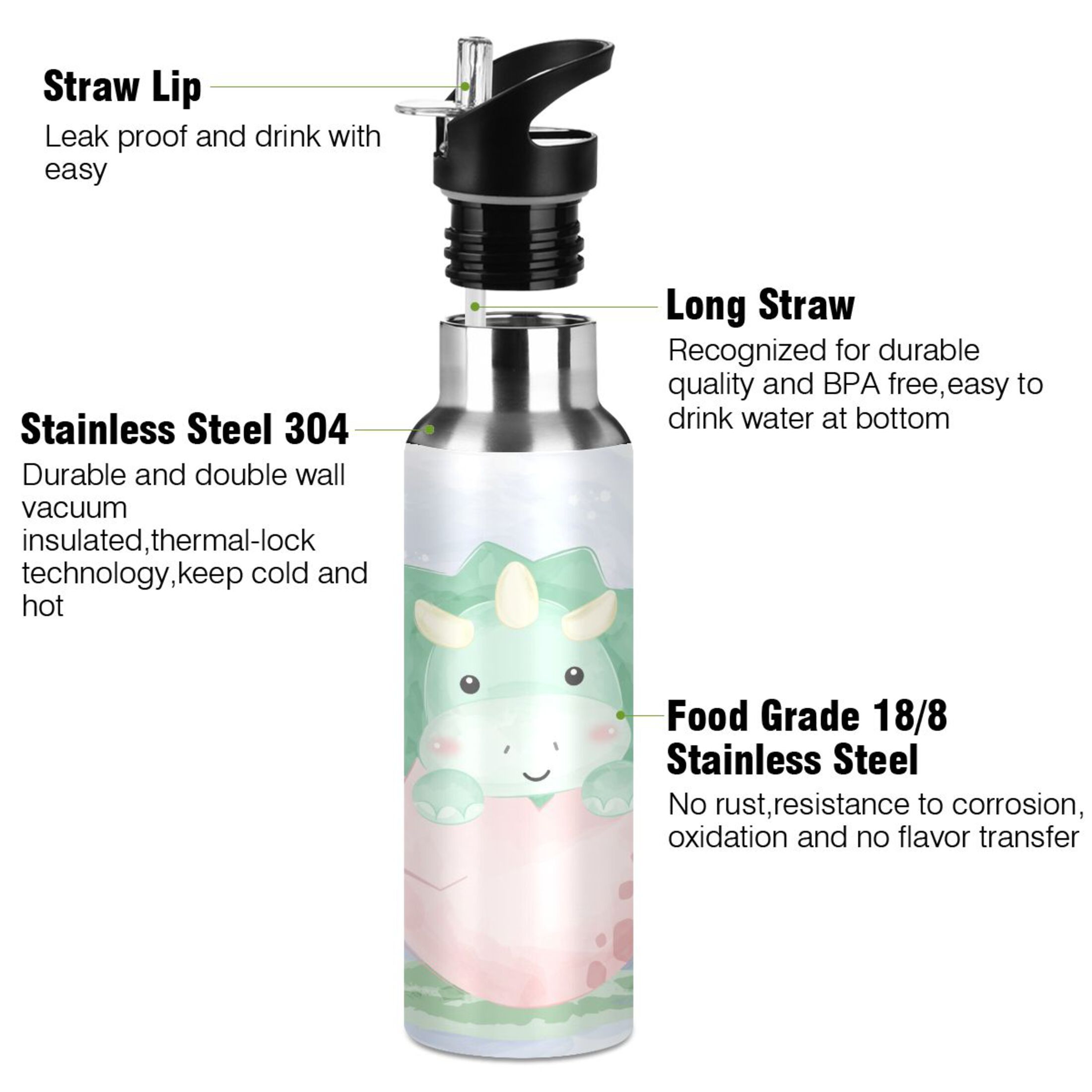 Water Bottle with Straw Lid Leak Baby Dinosaur Stainless Steel Insulated Thermos Vacuum Flask for Cold Hot Drinking for Sports Camping Gym Yoga