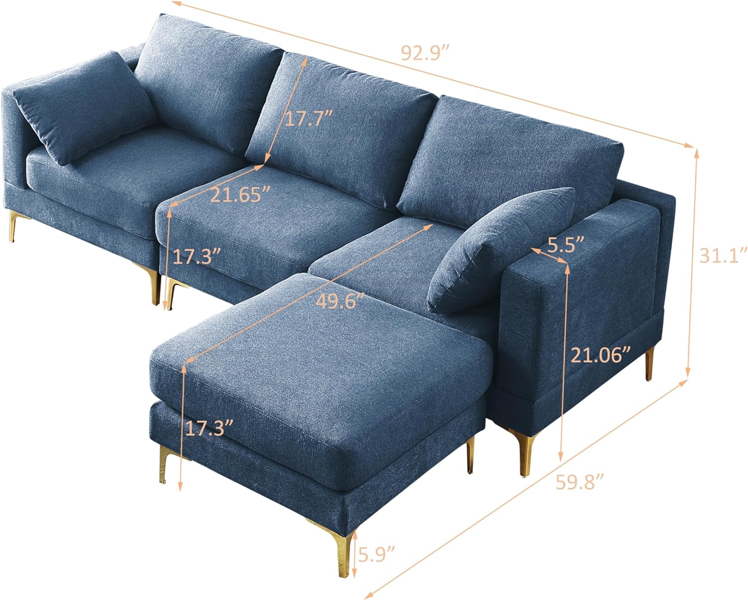 Sofa Reversible Secioal Sofa Couch Wih 2 Pillows Ad Meal Legs, Moder Coverible Sofa Wih Ooma, Upholsered Couch For Livig Room, Bedroom (Blue)