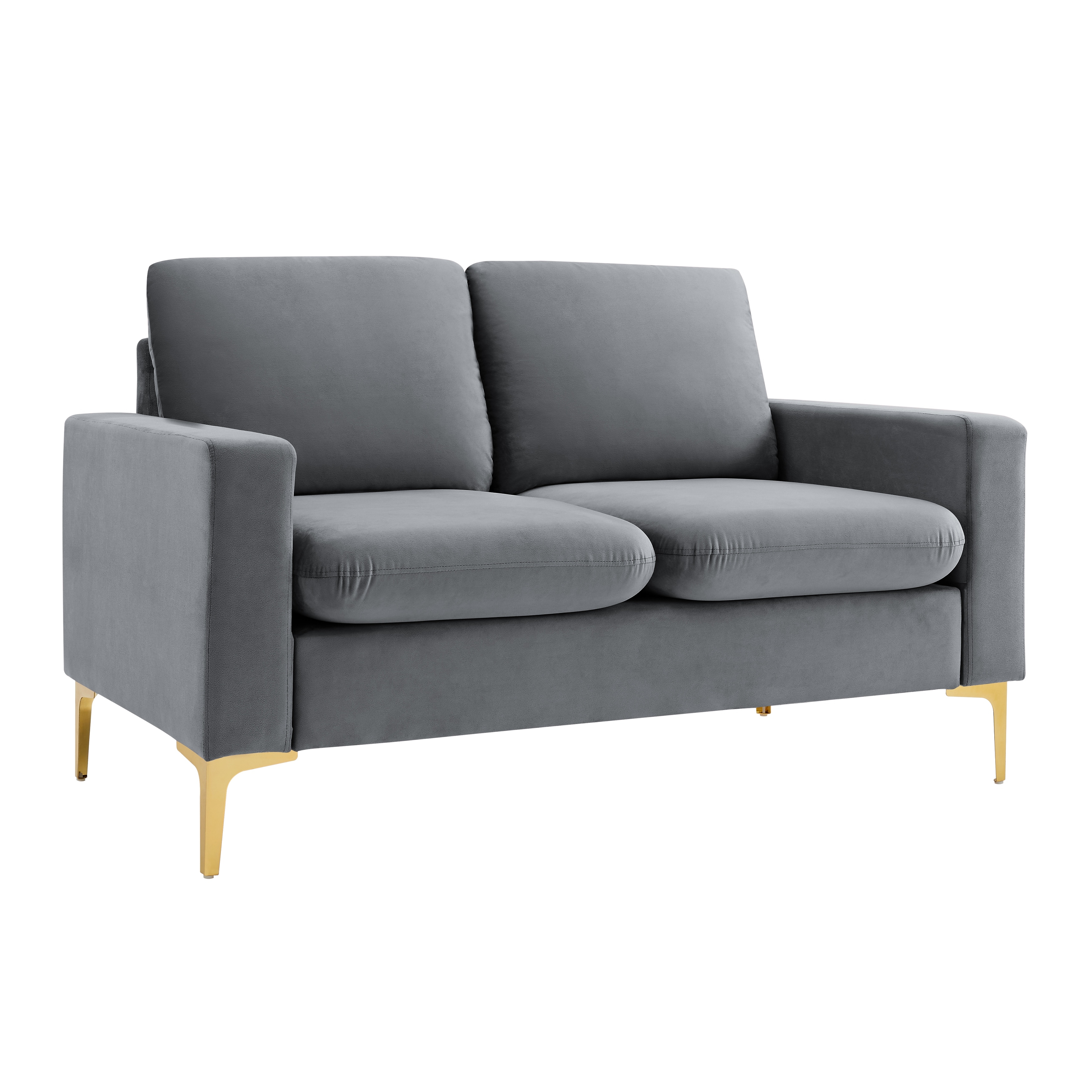 Velvet Loveseat with Gold Metal Legs & Square Armrest Small Couch Sofa Grey
