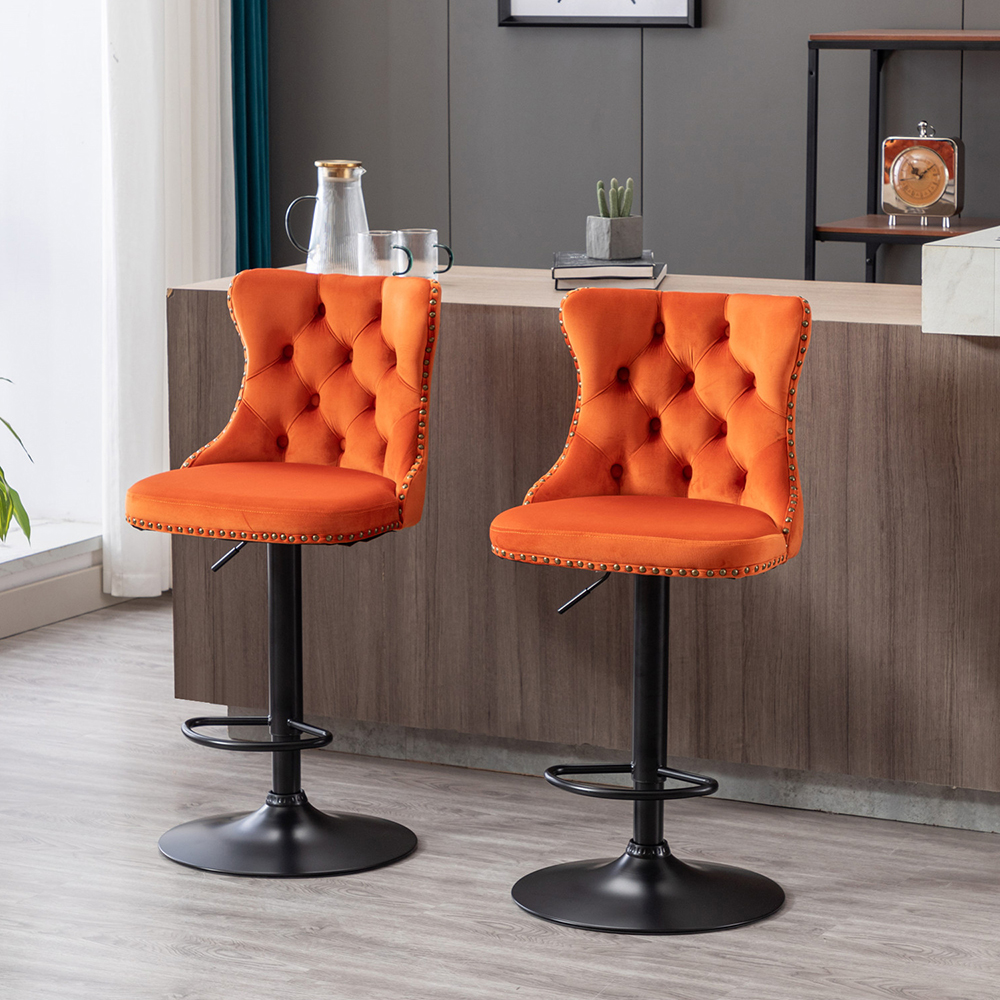 Lemacte Swivel Bar Stools Set of 2, Adjustable Counter Height Barstools with Nailheads Trim, Button Tufted Back and Black Footrest, Velvet Bar Chairs for Dining Room Home Bar