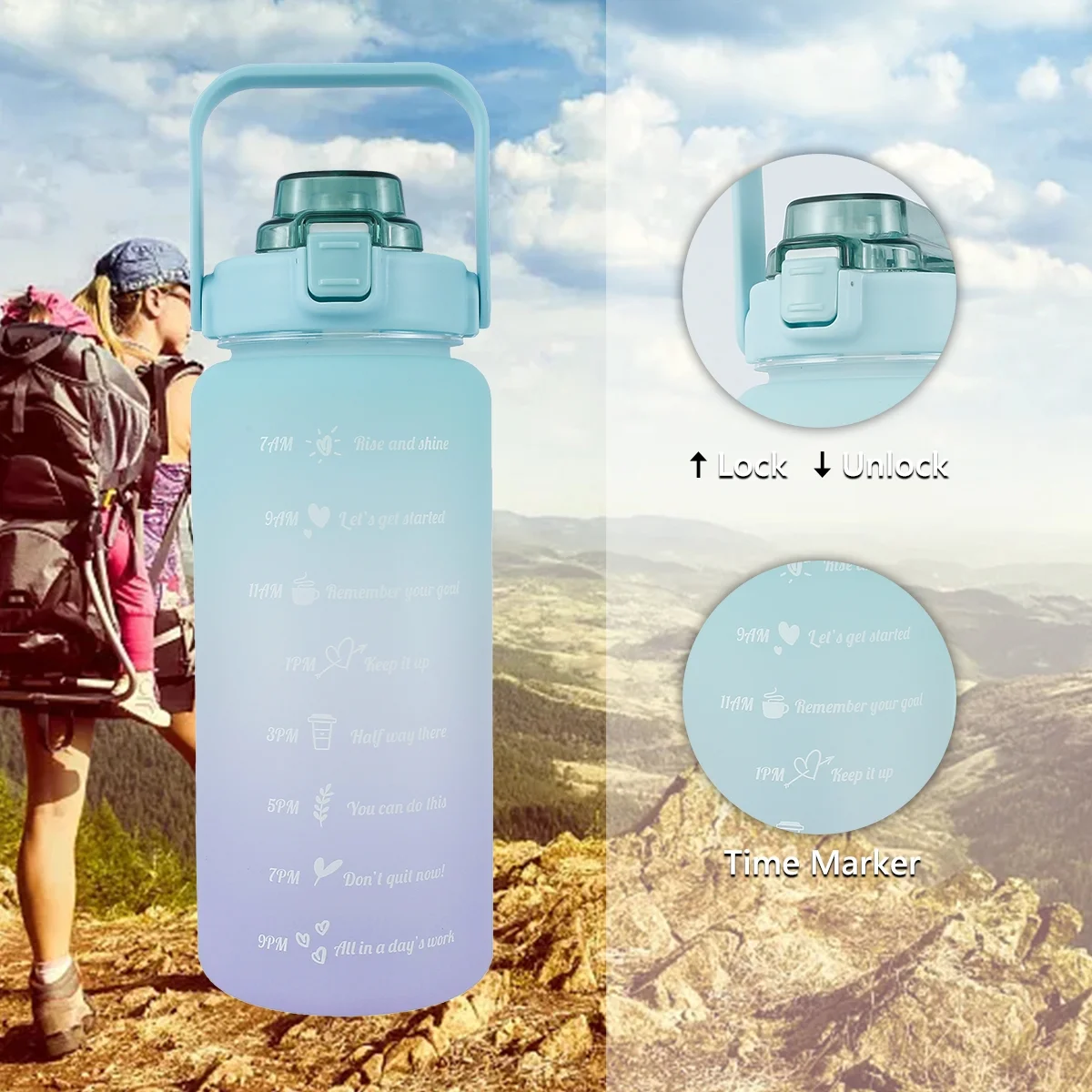 Miuline Motivational Water Bottle, Motivational Fitness Sports Water Bottle with Time Marker Flip Top Leakproof Durable Gradient Color Water Bottle