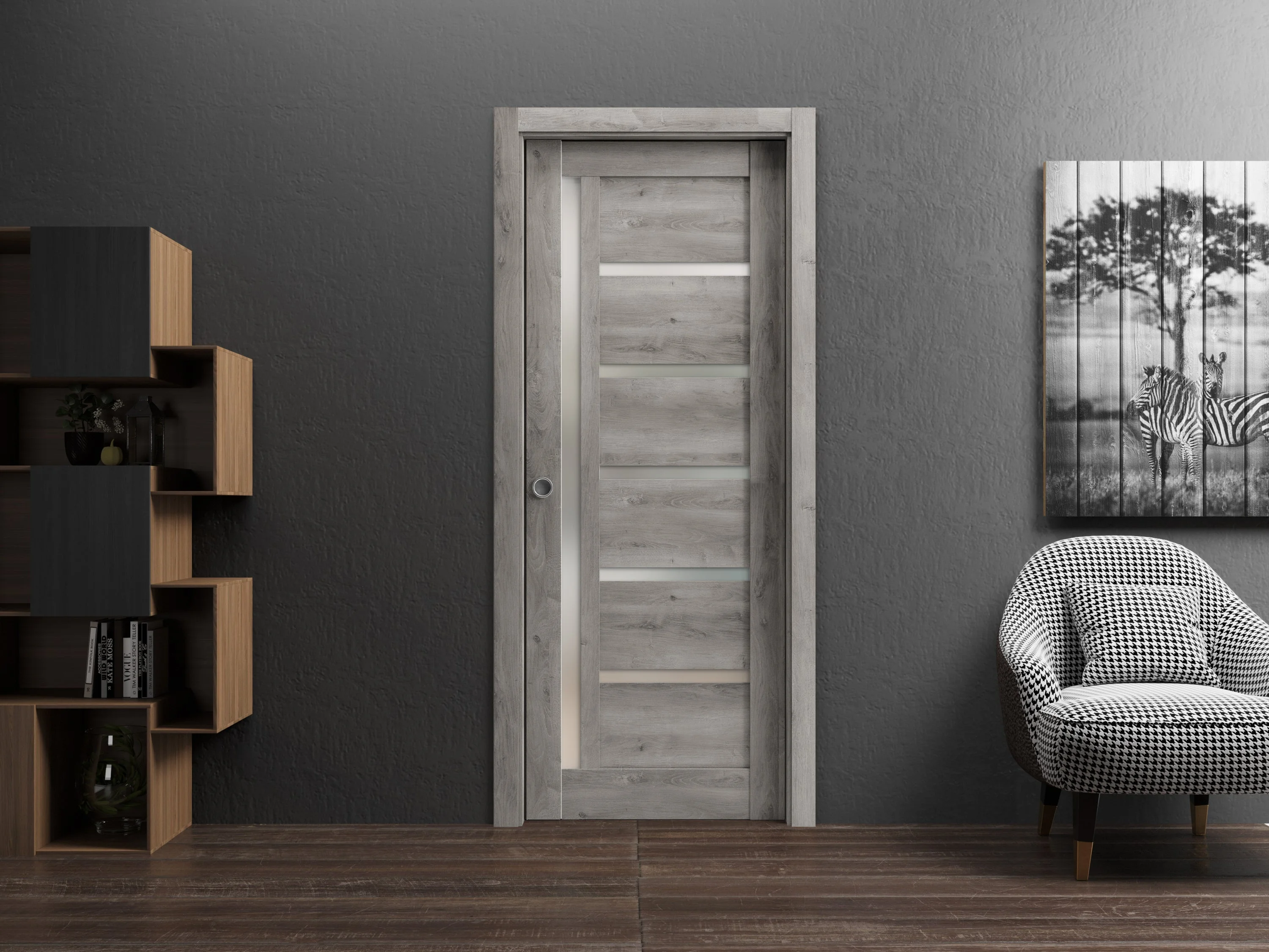 Sliding French Pocket Door 18 x 80 inches | Quadro 4088 Nebraska Grey with Frosted Glass | Kit Trims Rail Hardware | Solid Wood Interior Bedroom Sturdy Doors