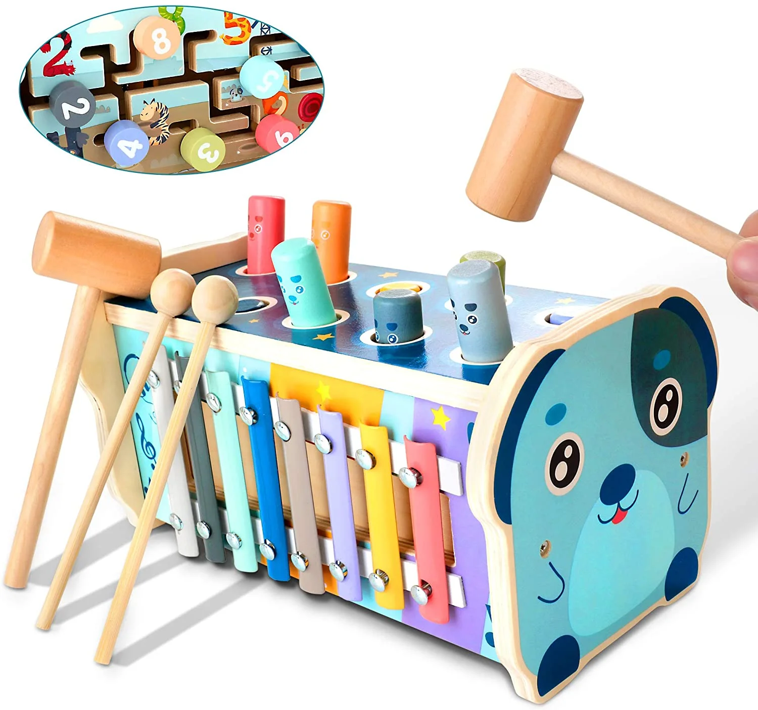 Lavinya Montessori Wooden Hammering Pounding Toy for 12+ Months Kids, Baby Early Development Toy with Pounding Bench, Xylophone, Number Sorting Maze, Birthday Gifts for 1 2 3 Year Old Toddlers