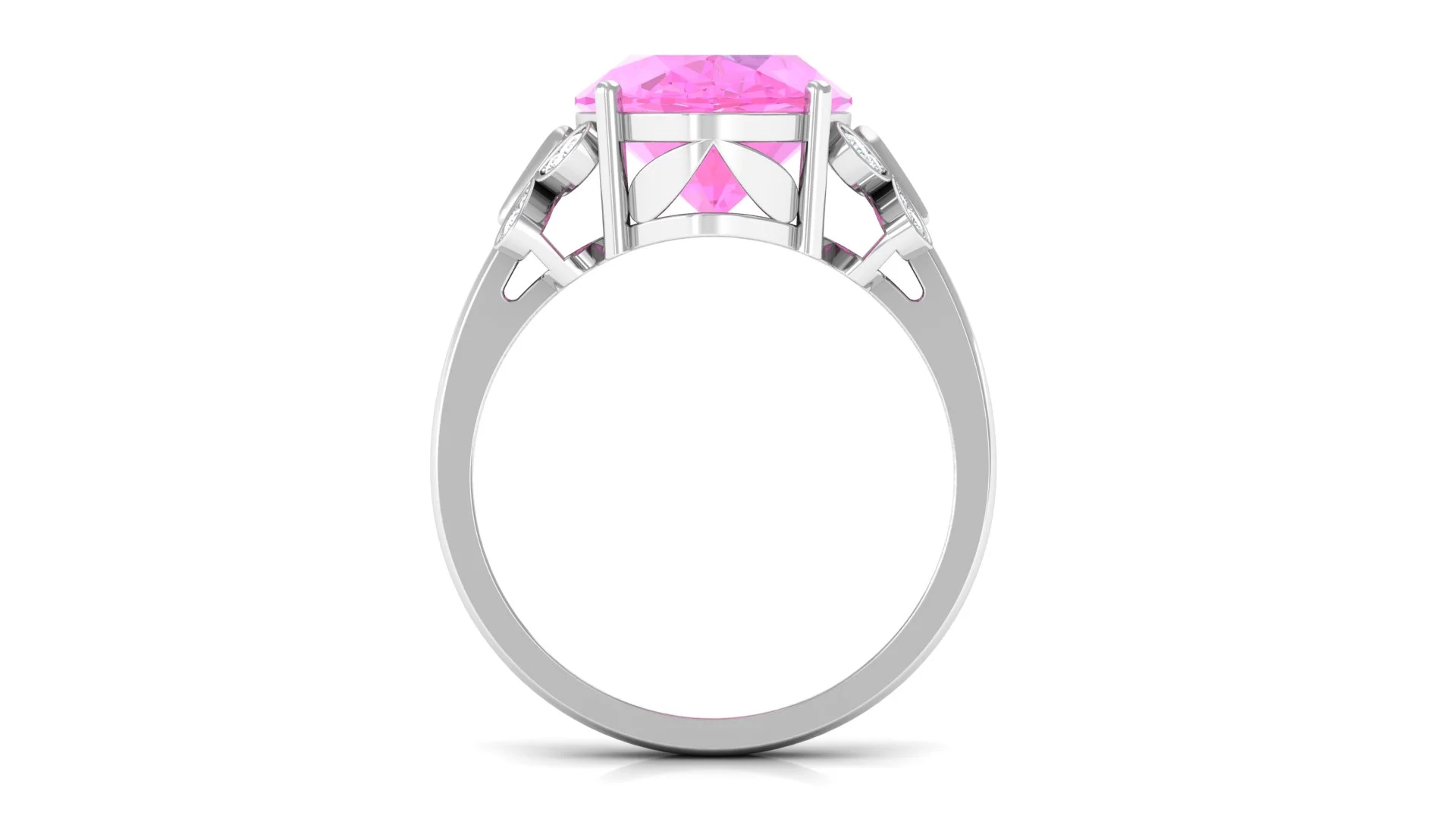 Oval Created Pink Sapphire Solitaire Ring with Diamond for Women - 10X14 mm, 925 Sterling Silver, US 4.00